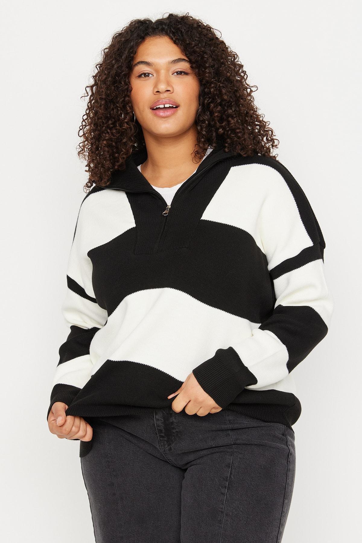 Black Striped Off Shoulder Knitwear Sweater, Black, large image number 0
