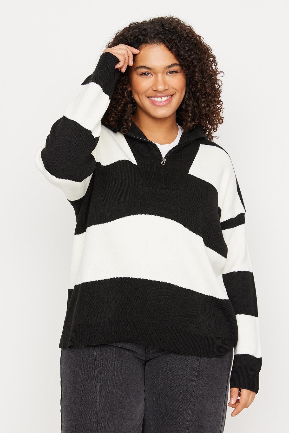 Black Striped Off Shoulder Knitwear Sweater, Black, large image number 1