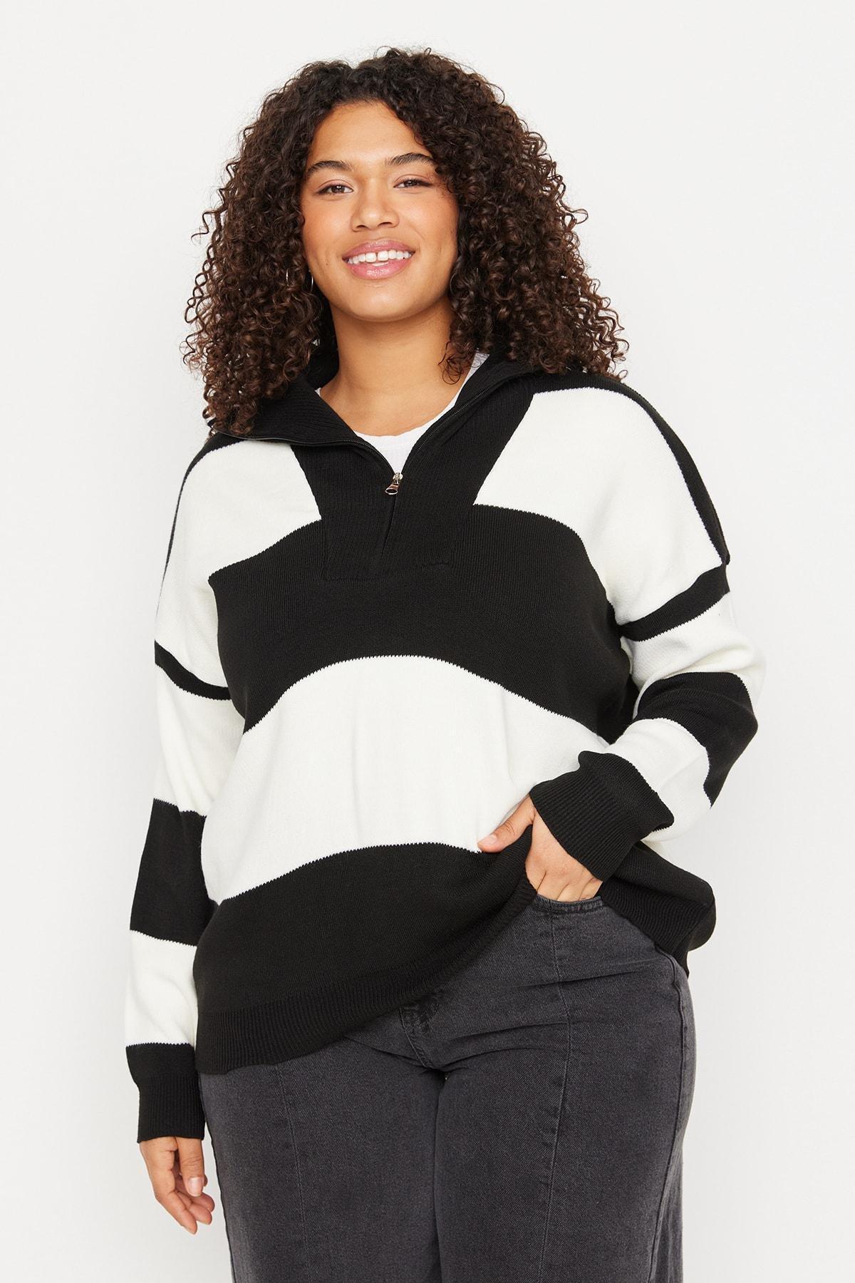 Black Striped Off Shoulder Knitwear Sweater, Black, large image number 3