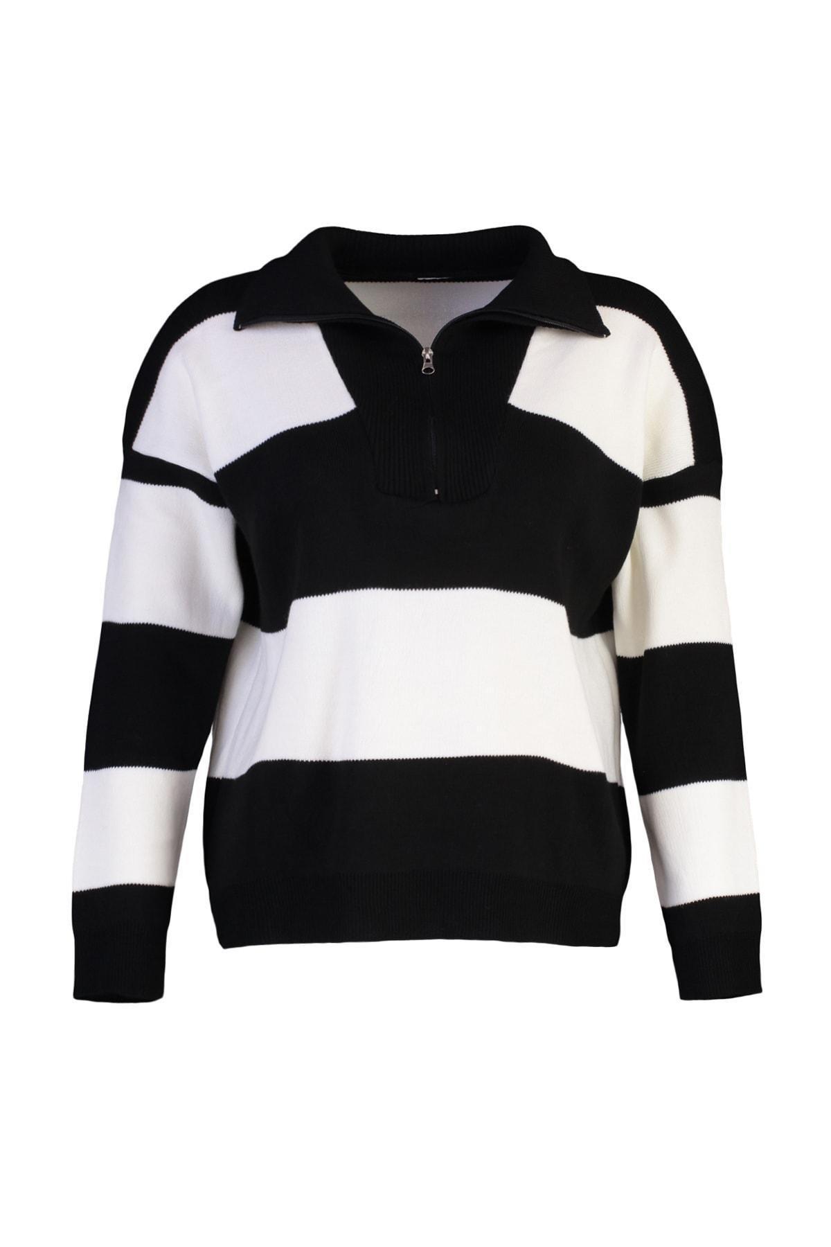 Black Striped Off Shoulder Knitwear Sweater, Black, large image number 5