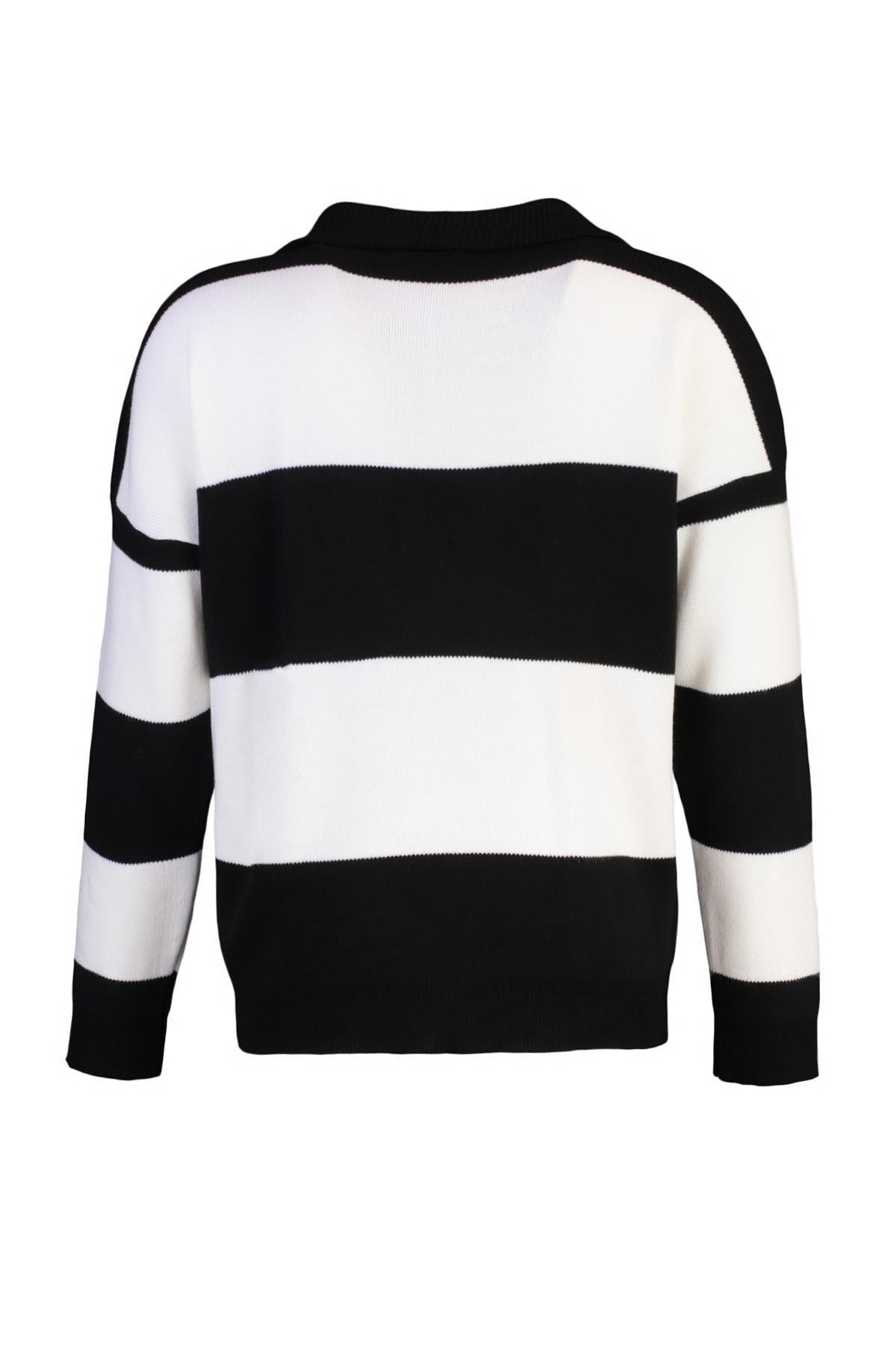 Black Striped Off Shoulder Knitwear Sweater, Black, large image number 6