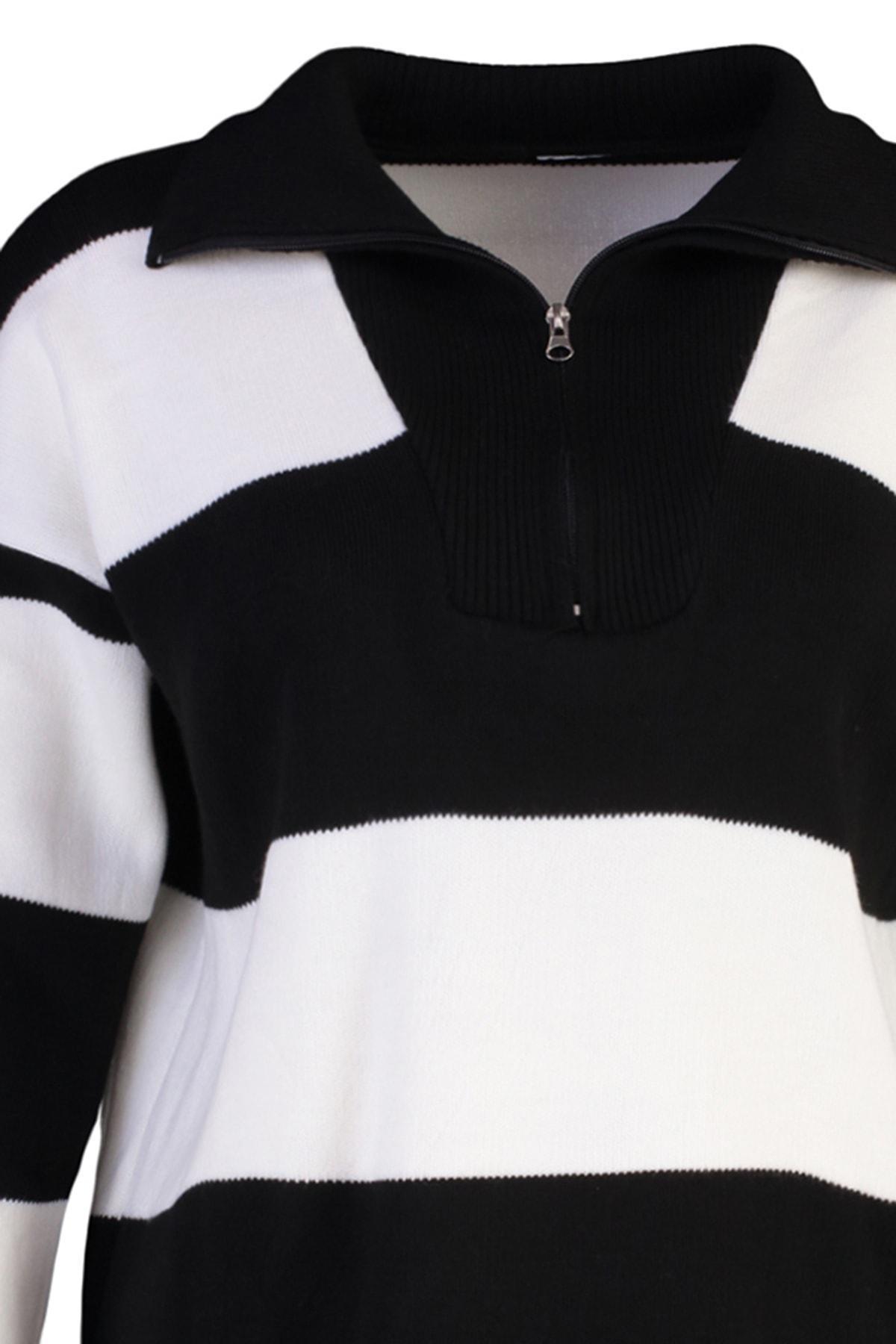 Black Striped Off Shoulder Knitwear Sweater, Black, large image number 7