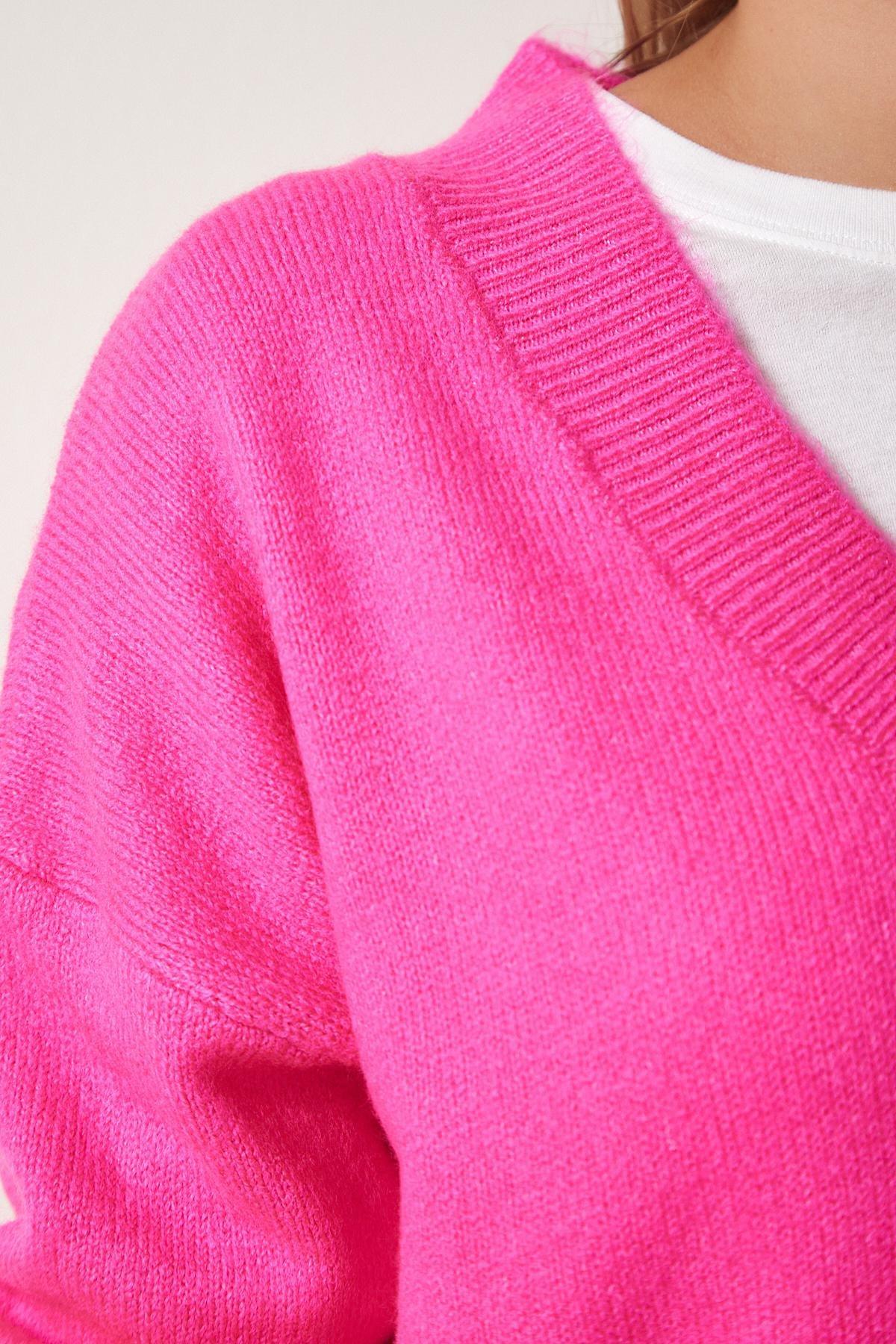 Pink V-Neck Oversize Knitwear Sweater, Fuchsia, large image number 2