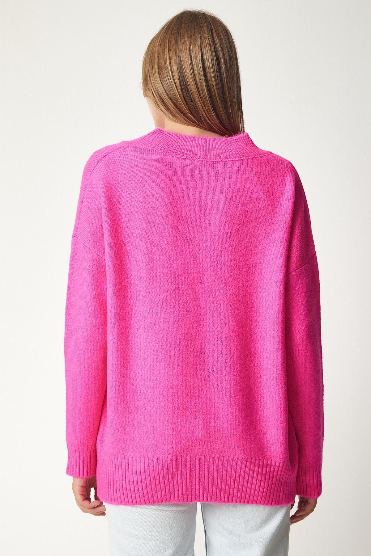 Pink V-Neck Oversize Knitwear Sweater, Fuchsia, large image number 3