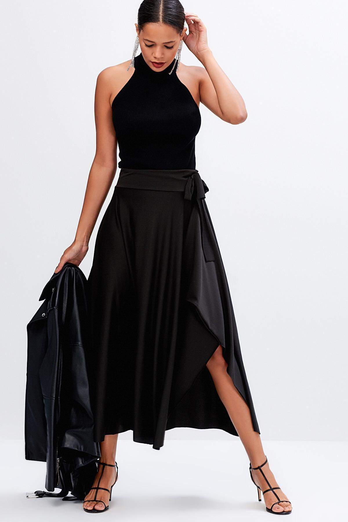 Black Asymmetric Midi Skirt, BLACK, large image number 0