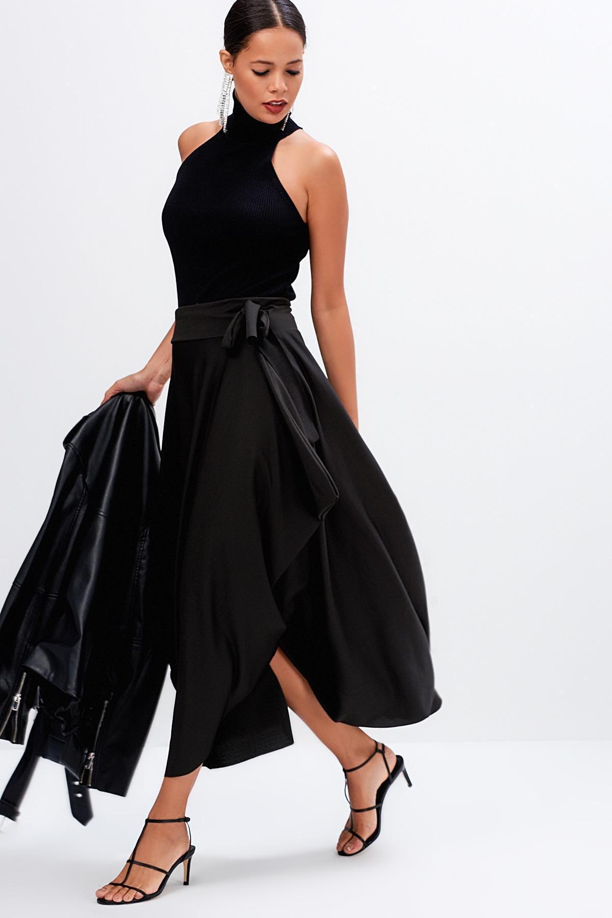 Black Asymmetric Midi Skirt, BLACK, large image number 1