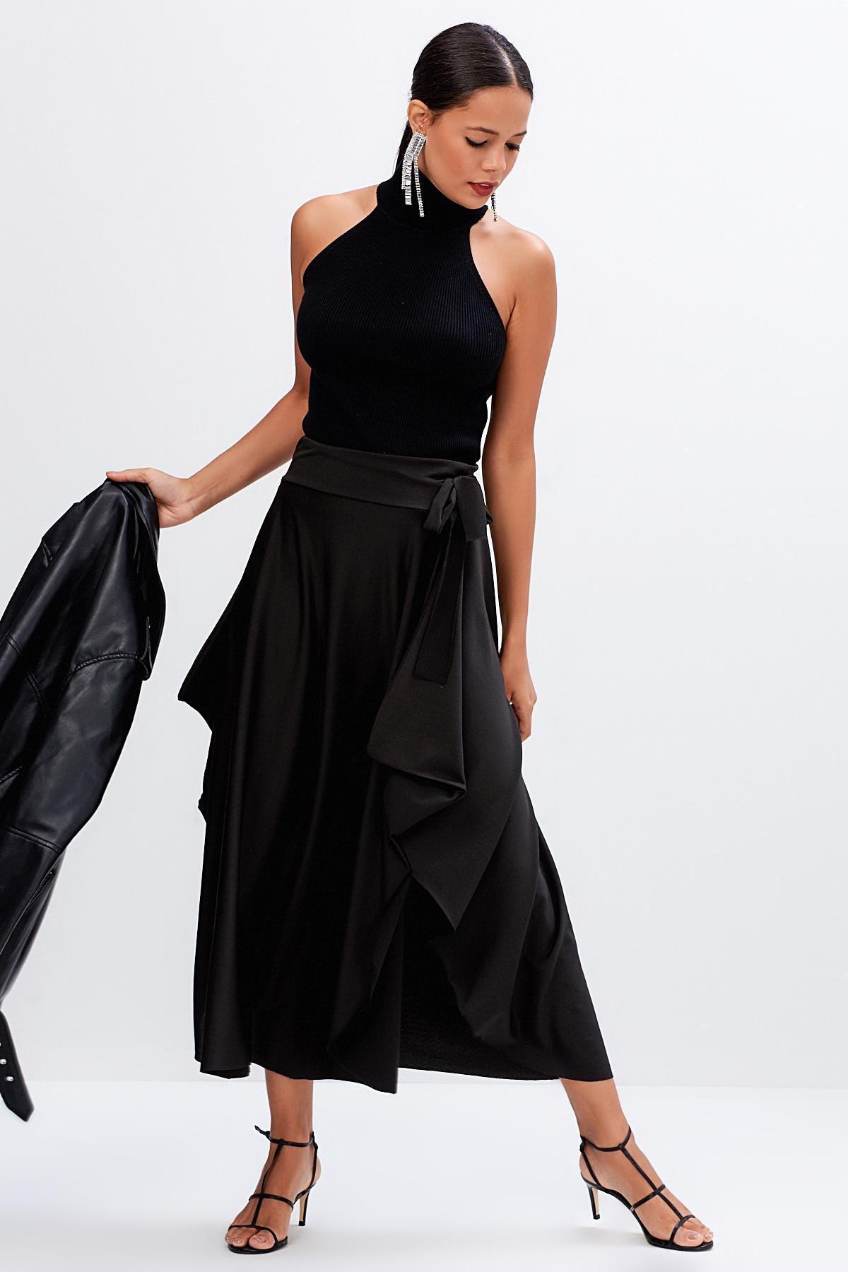 Black Asymmetric Midi Skirt, BLACK, large image number 2