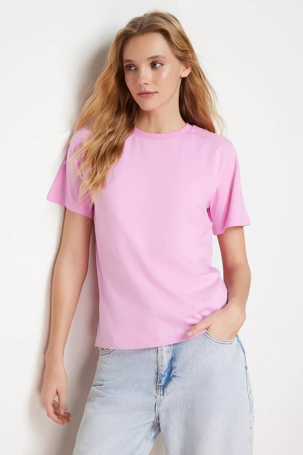 Pink Cotton Basic Crew Neck Knitted T-Shirt, , medium