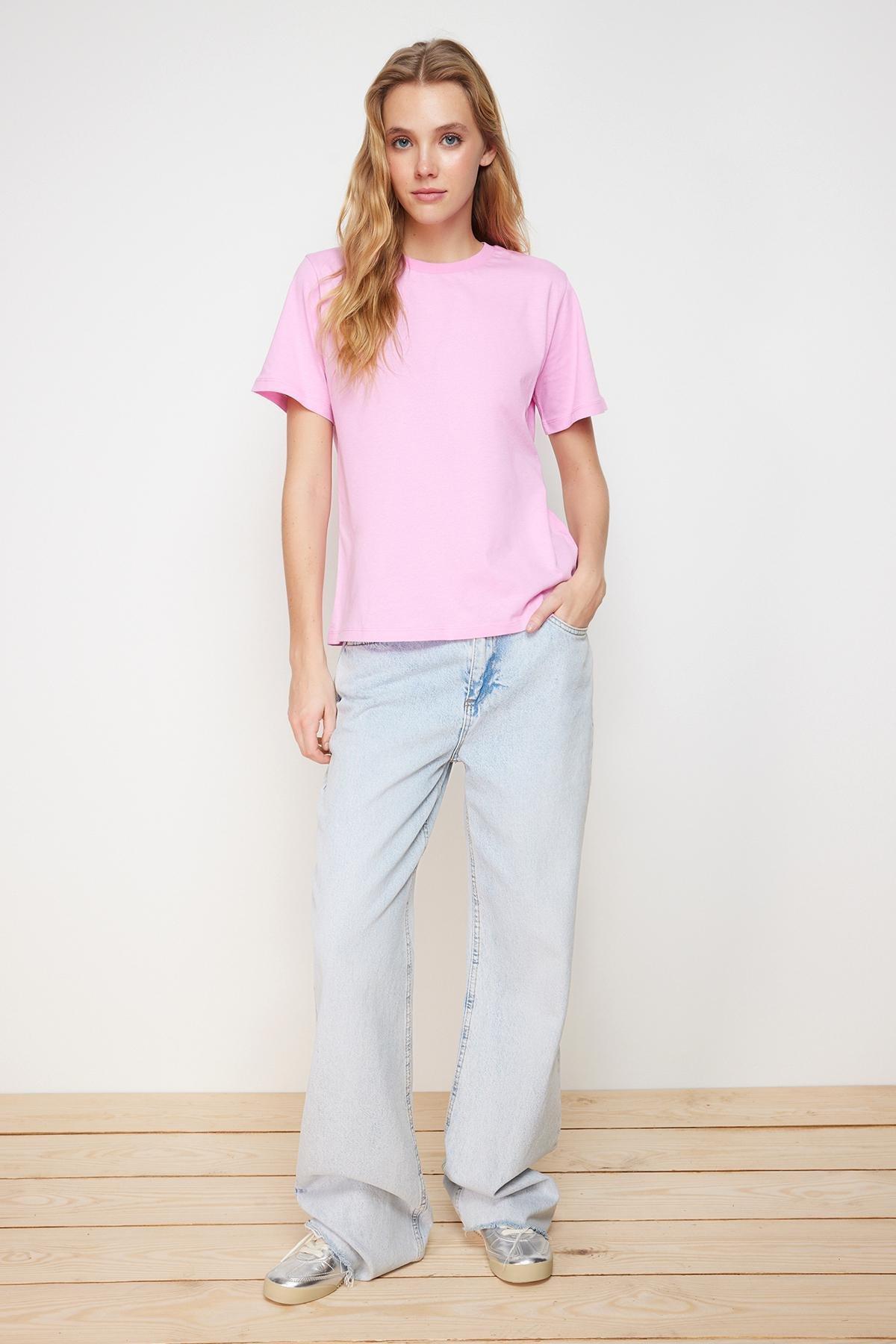 Pink Cotton Basic Crew Neck Knitted T-Shirt, , large image number 1