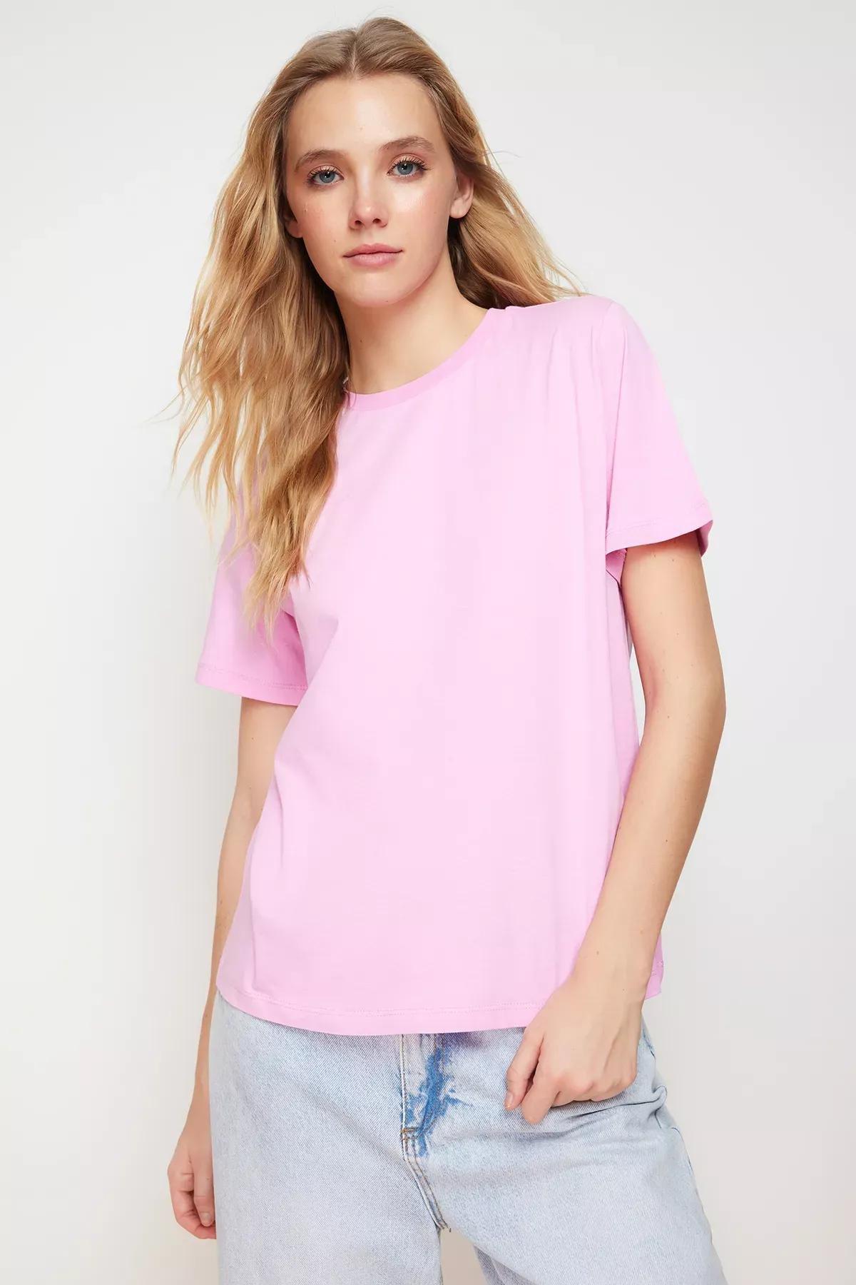 Pink Cotton Basic Crew Neck Knitted T-Shirt, Pink, large image number 2