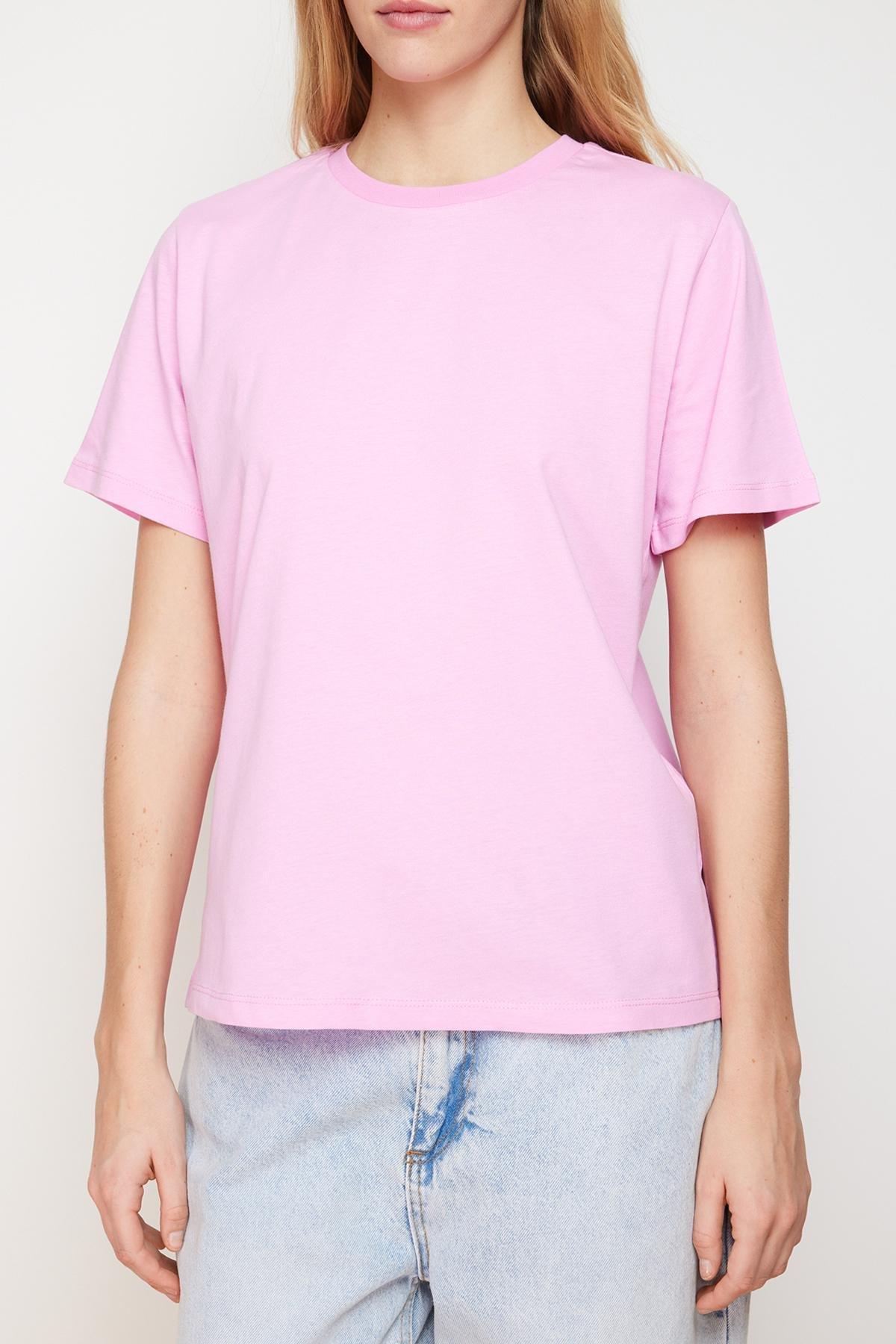 Pink Cotton Basic Crew Neck Knitted T-Shirt, , large image number 3