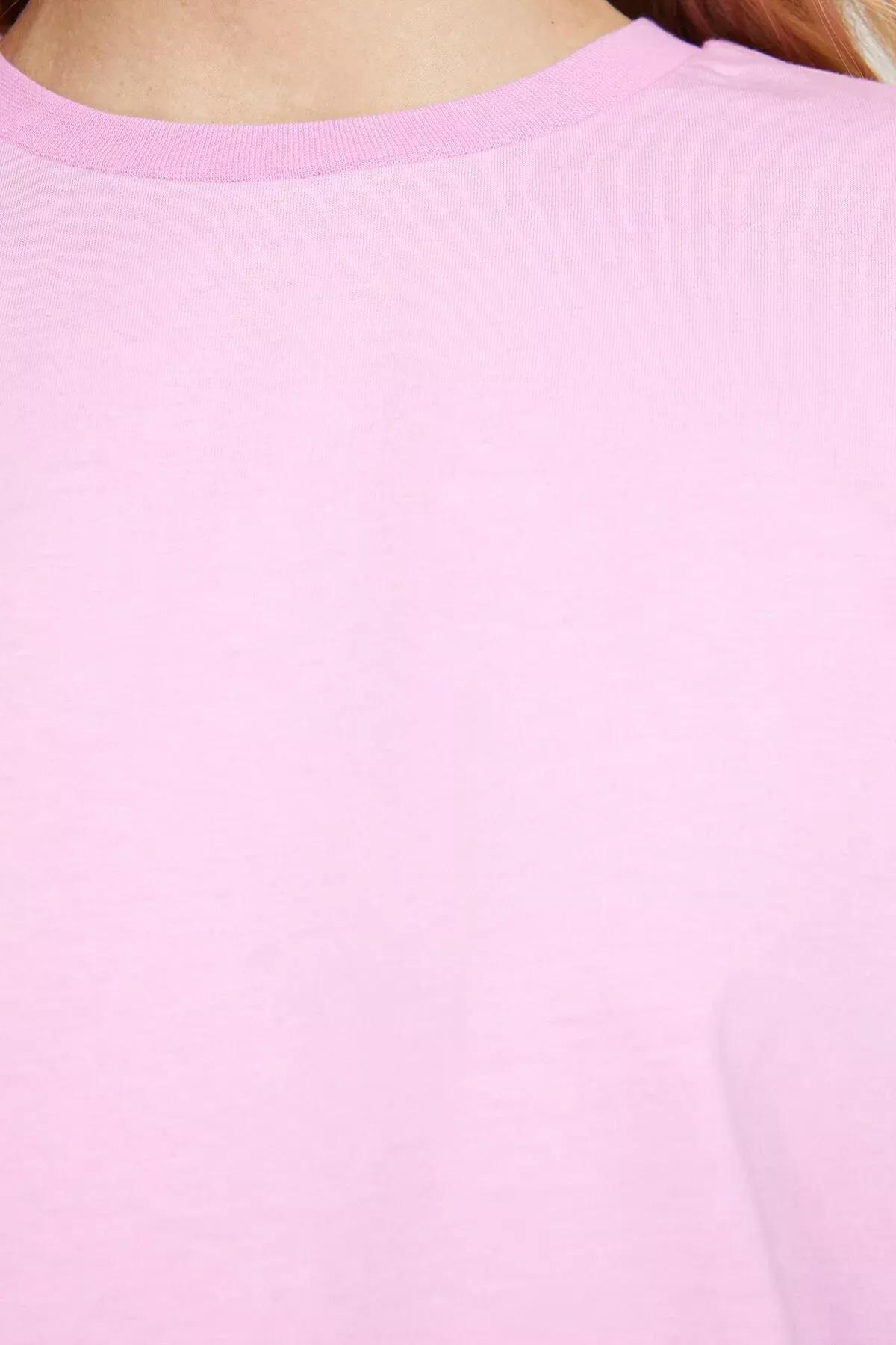 Pink Cotton Basic Crew Neck Knitted T-Shirt, Pink, large image number 4