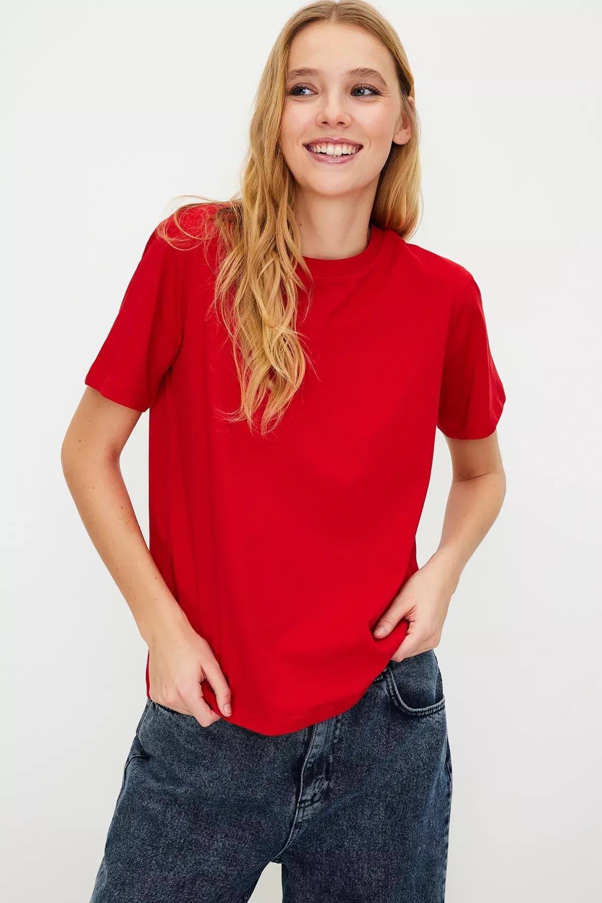 Red Crew Neck Knitted T-Shirt, Red, large image number 1