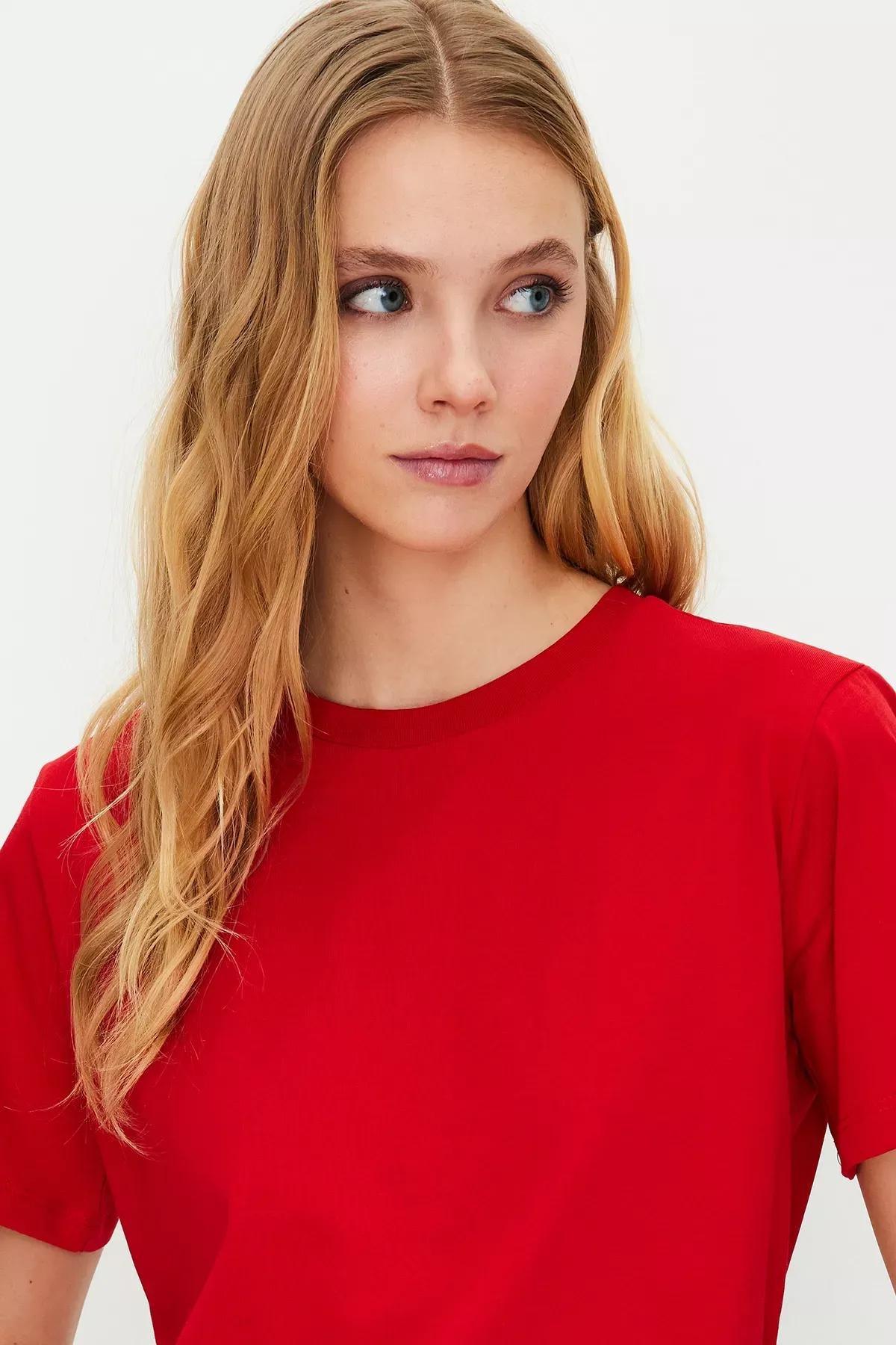 Red Crew Neck Knitted T-Shirt, Red, large image number 2