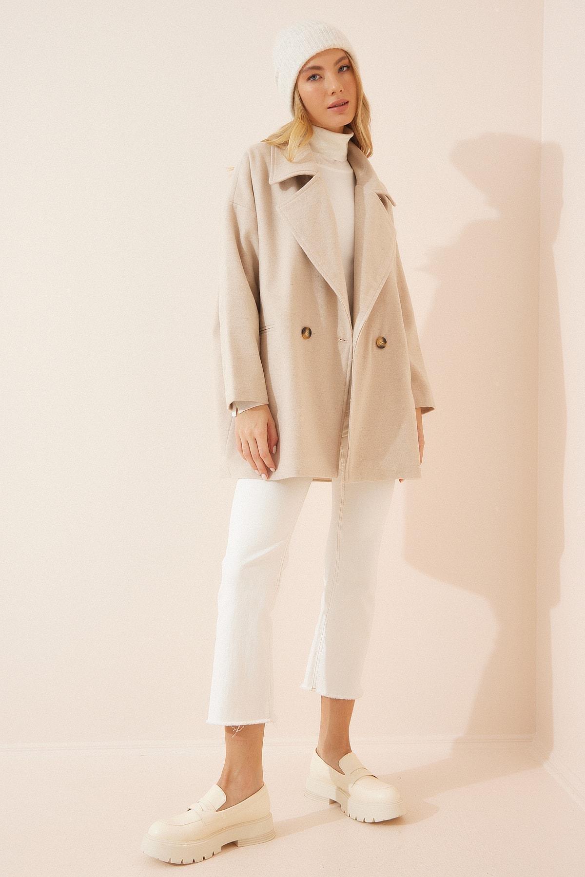 Beige Double-Breasted Coat, , large image number 0