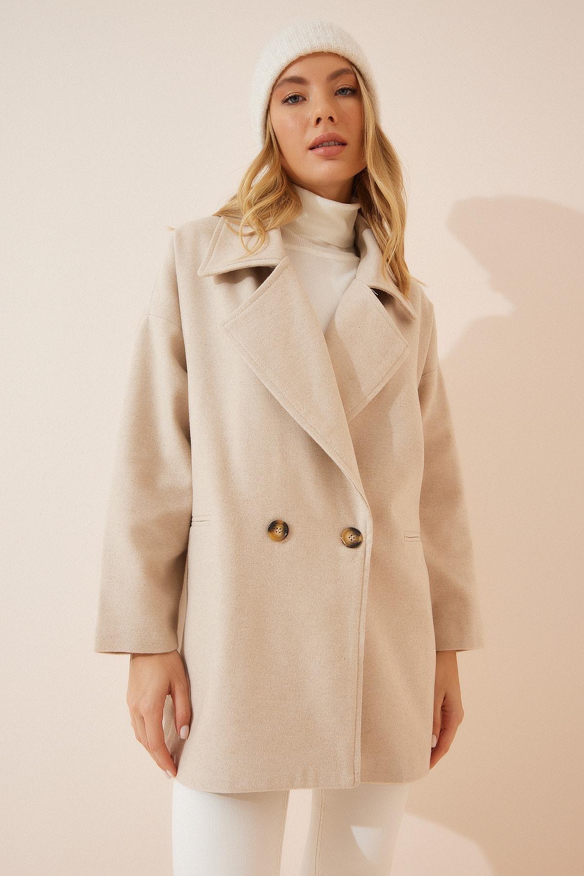 Beige Double-Breasted Coat, , large image number 1