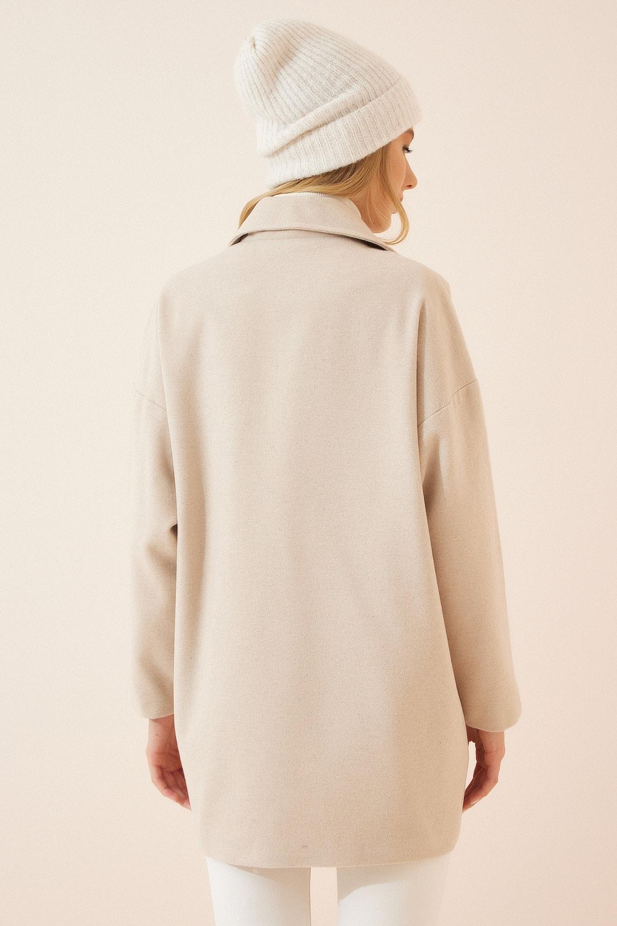 Beige Double-Breasted Coat, , large image number 2