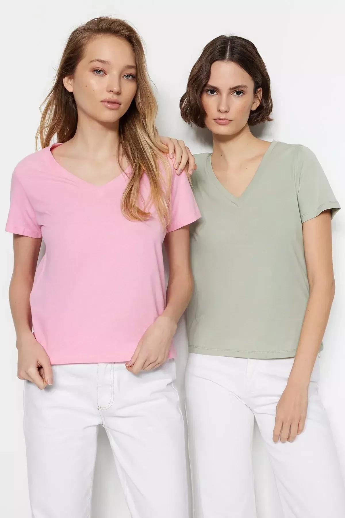 Multicolour V Neck Knitted T-Shirt, Set Of 2, Pink, medium