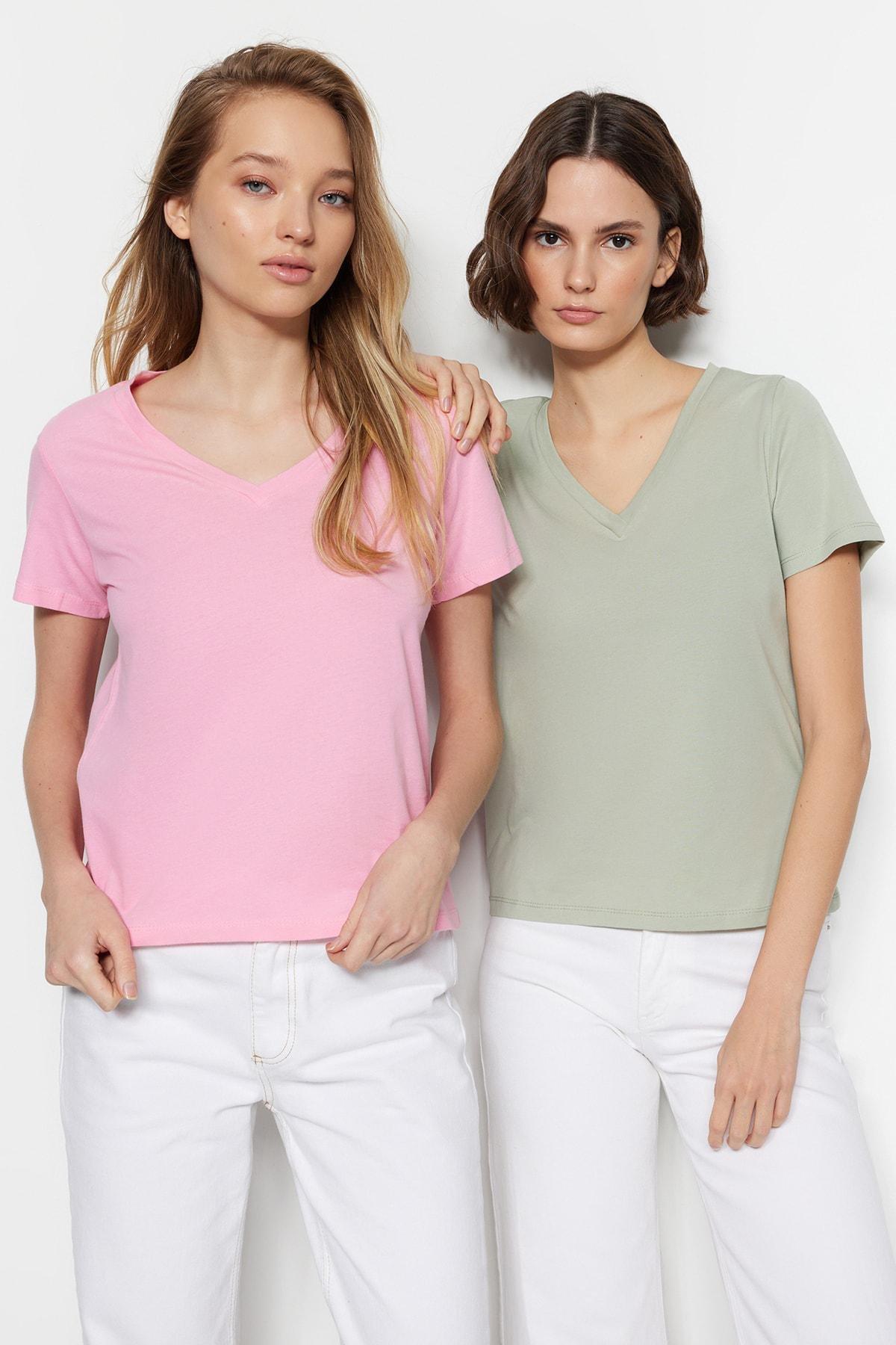 Multicolour V Neck Knitted T-Shirt, Set Of 2, , large image number 1