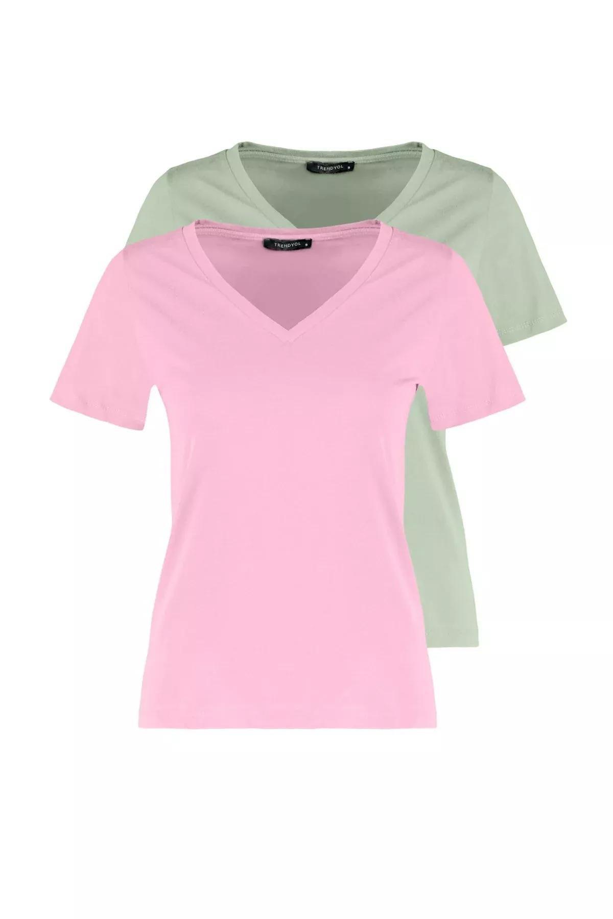 Multicolour V Neck Knitted T-Shirt, Set Of 2, Pink, medium