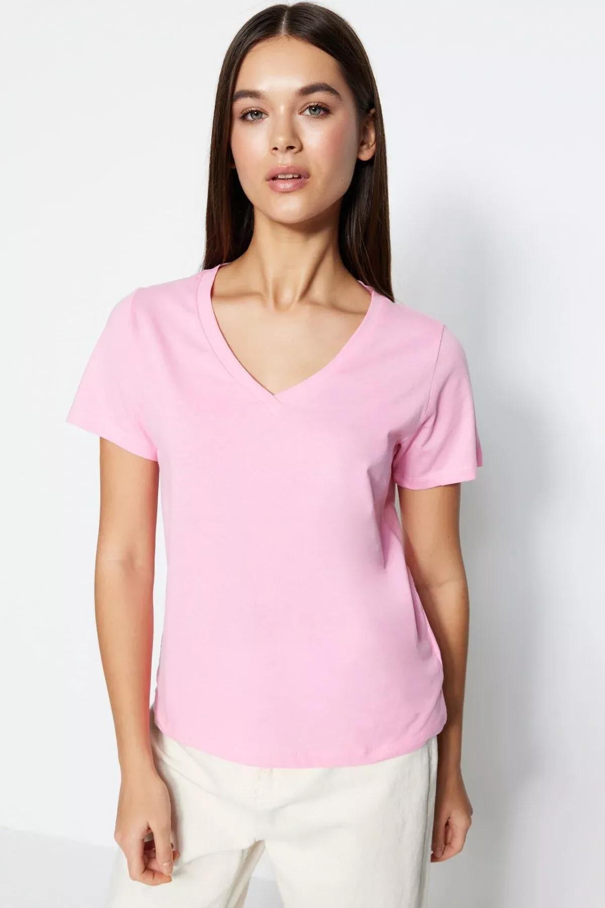 Multicolour V Neck Knitted T-Shirt, Set Of 2, Pink, medium