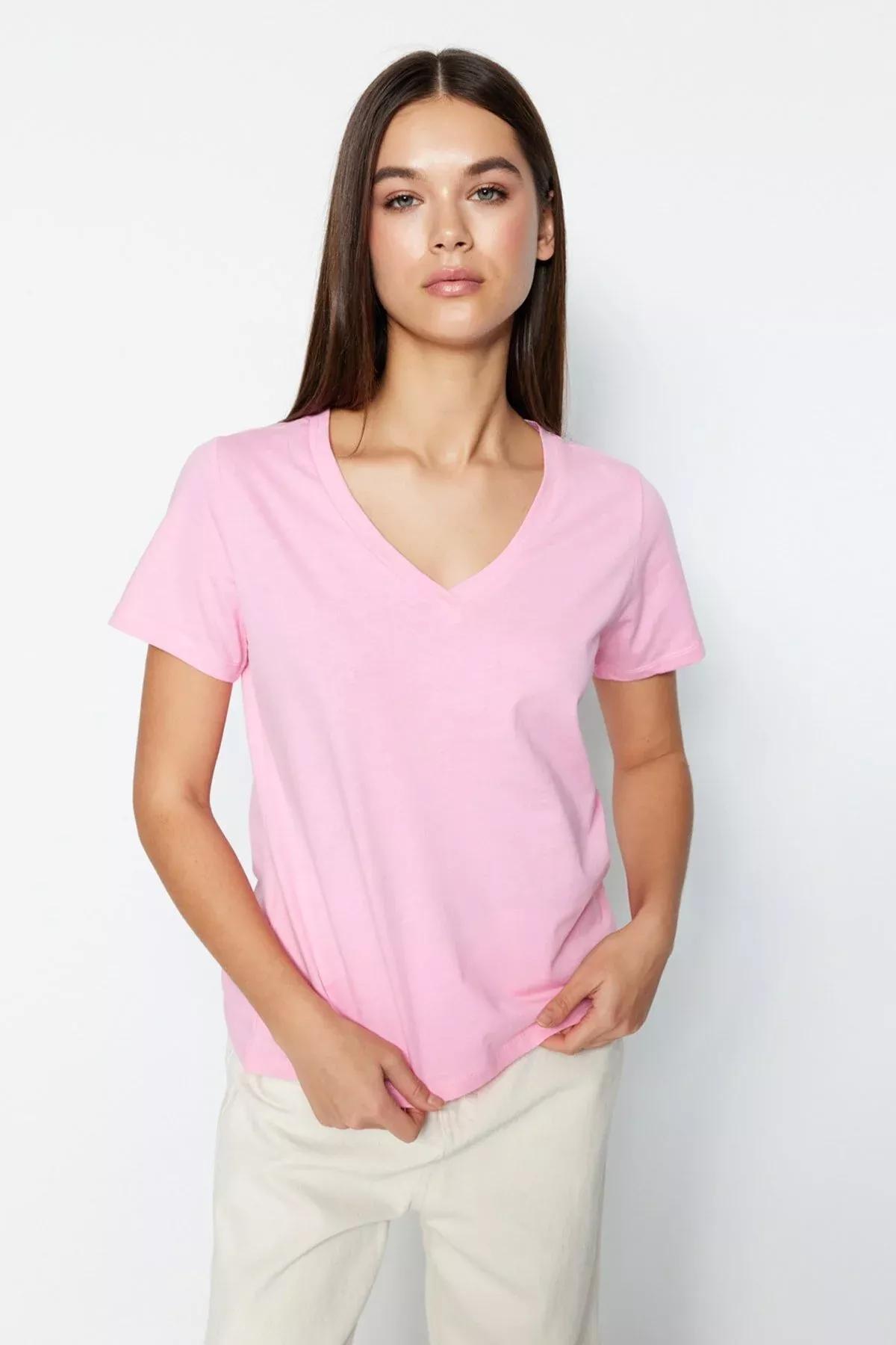 Multicolour V Neck Knitted T-Shirt, Set Of 2, Pink, large image number 4