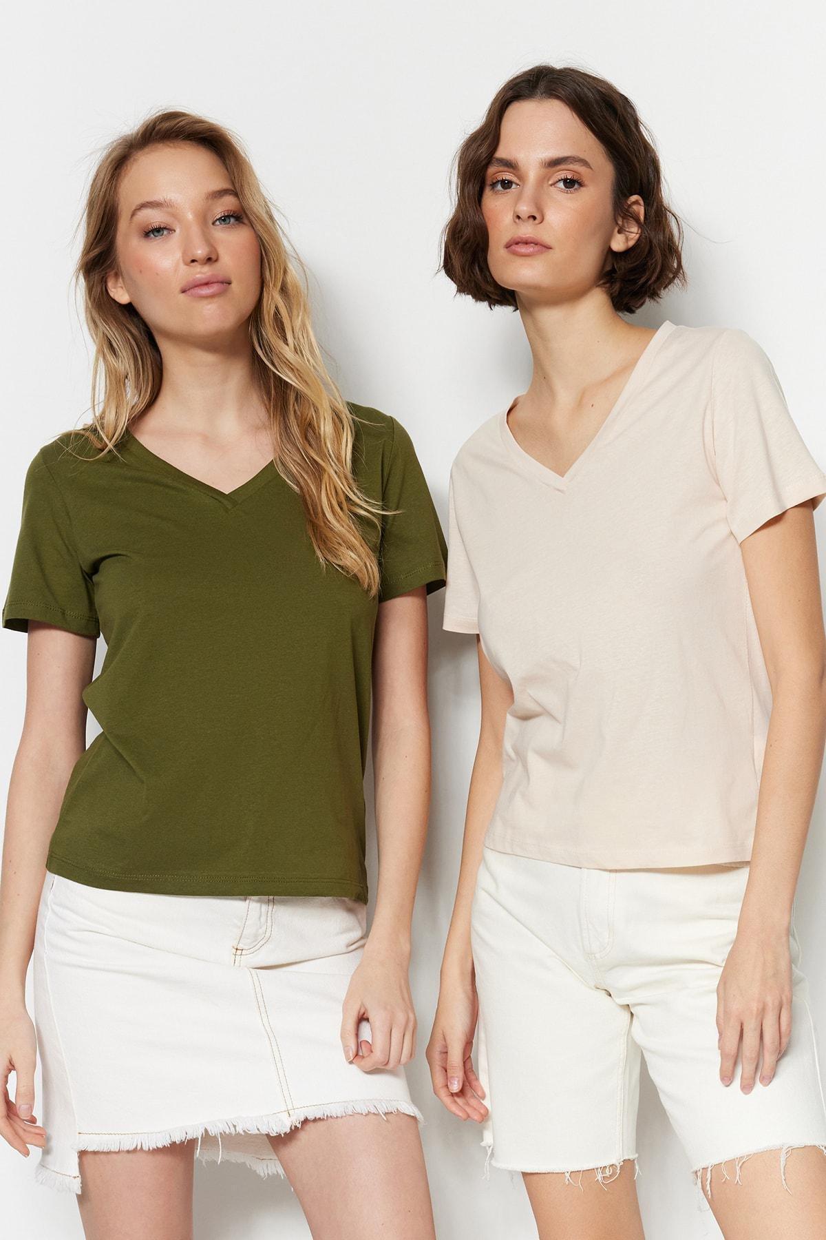 Khaki V-Neck T-Shirt, Set Of 2, , large image number 1