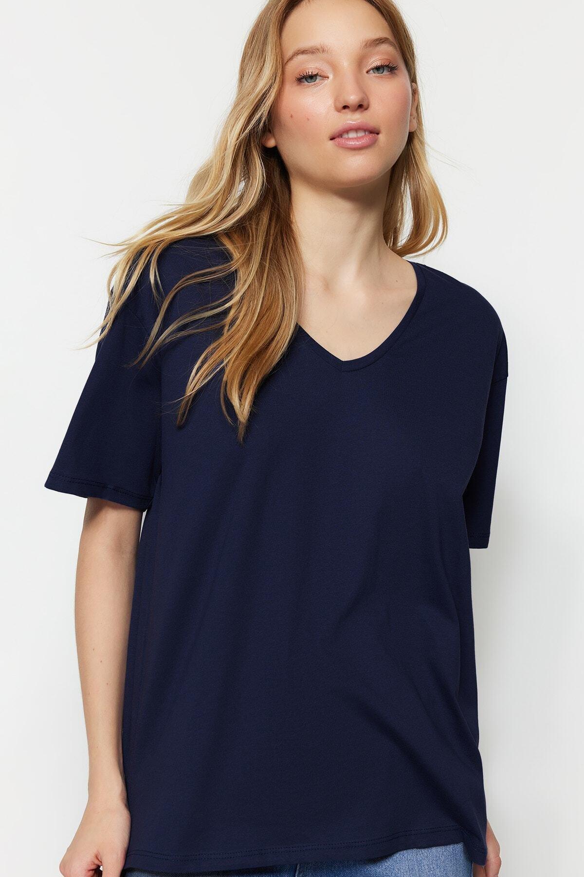 Navy V-Neck Boyfriend T-Shirt, , large image number 0