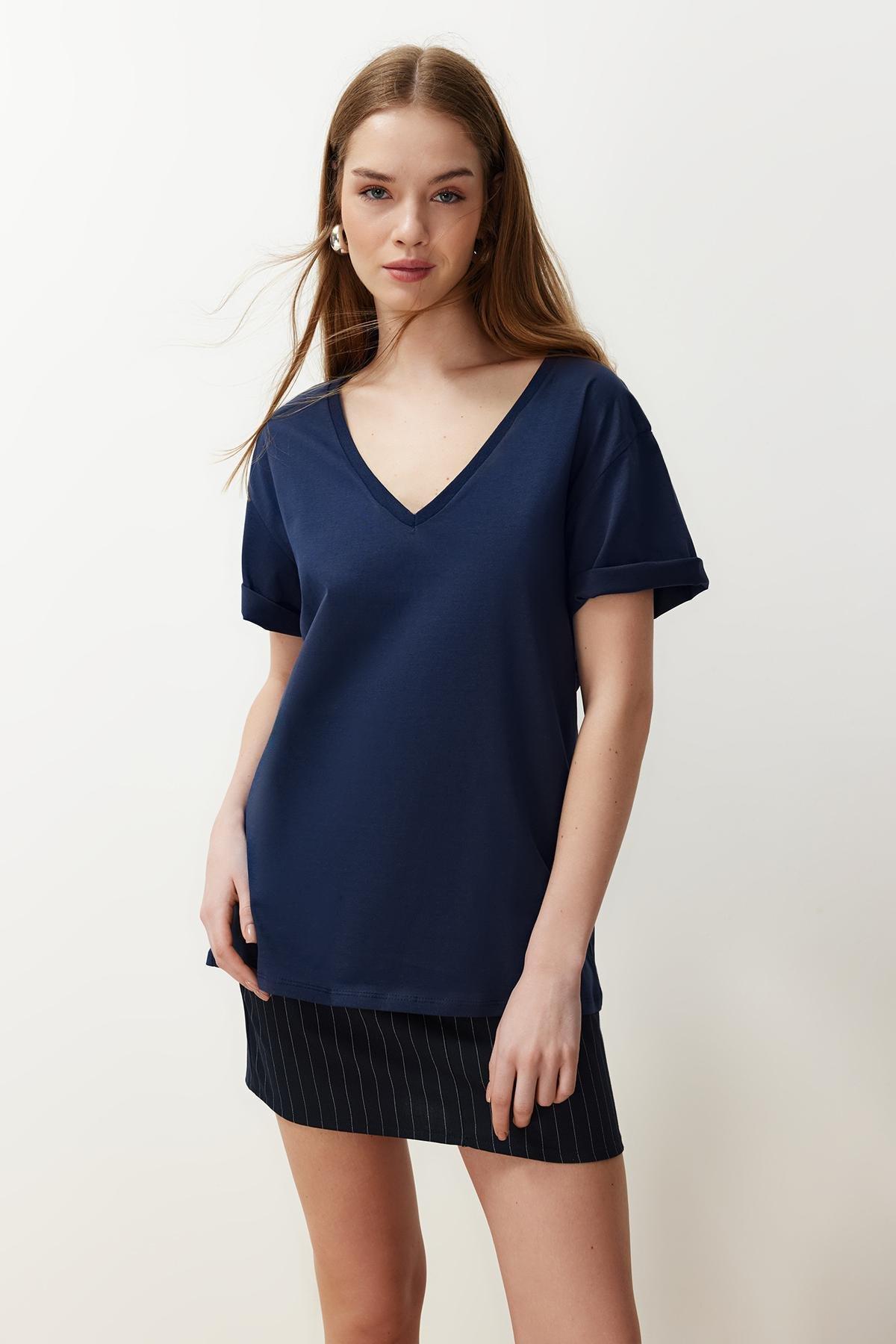 Navy V-Neck Boyfriend T-Shirt, , large image number 1