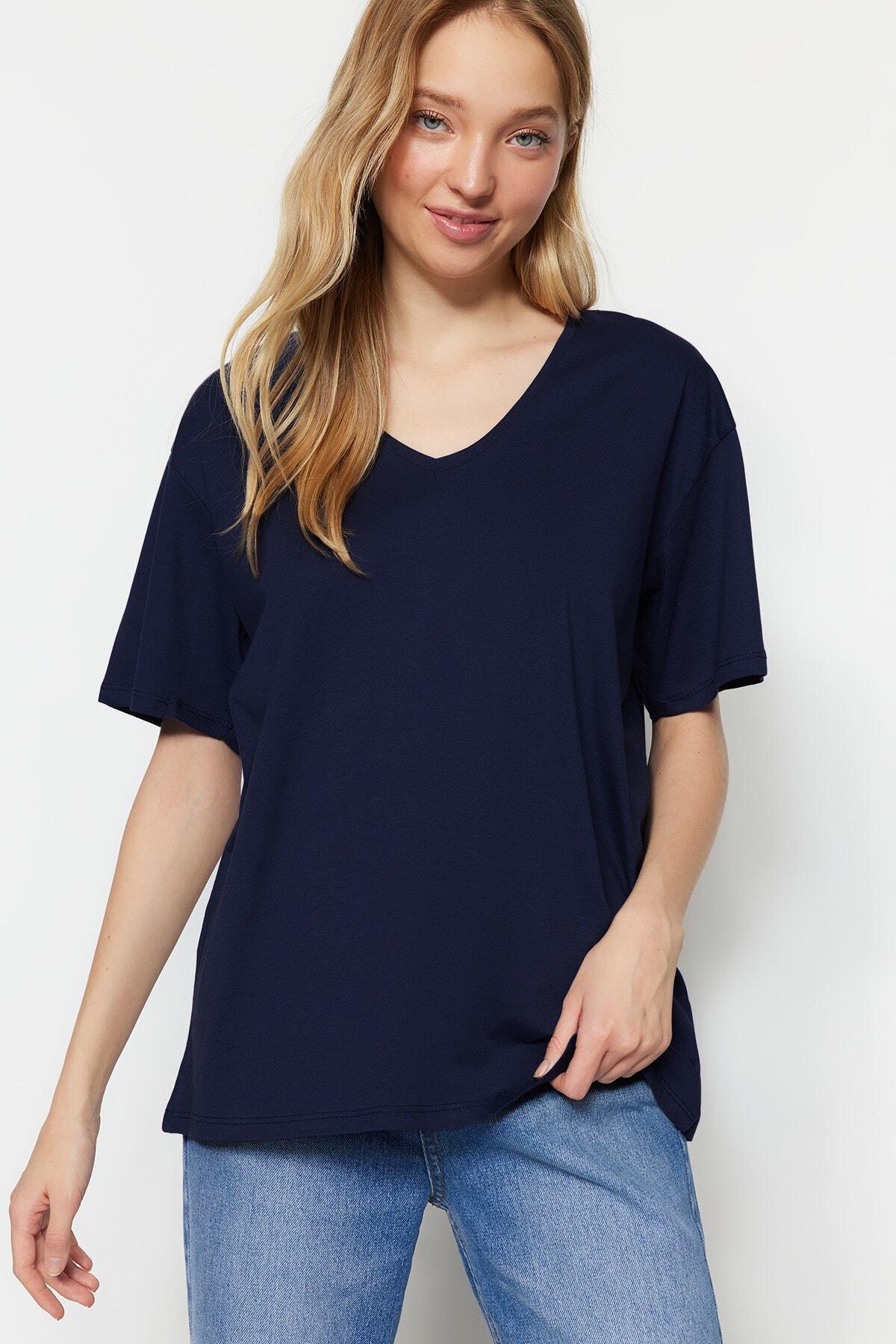 Navy V-Neck Boyfriend T-Shirt, , large image number 2