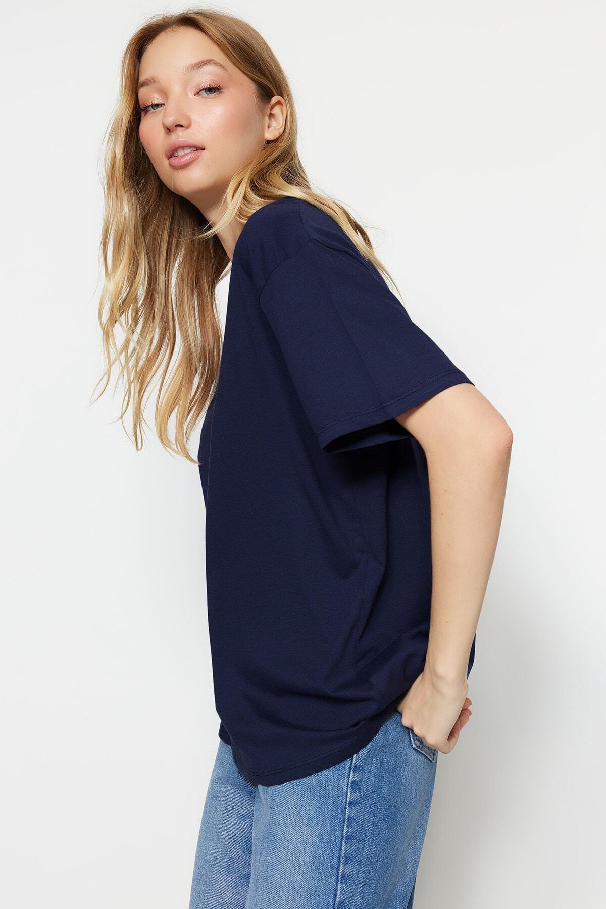 Navy V-Neck Boyfriend T-Shirt, , large image number 6