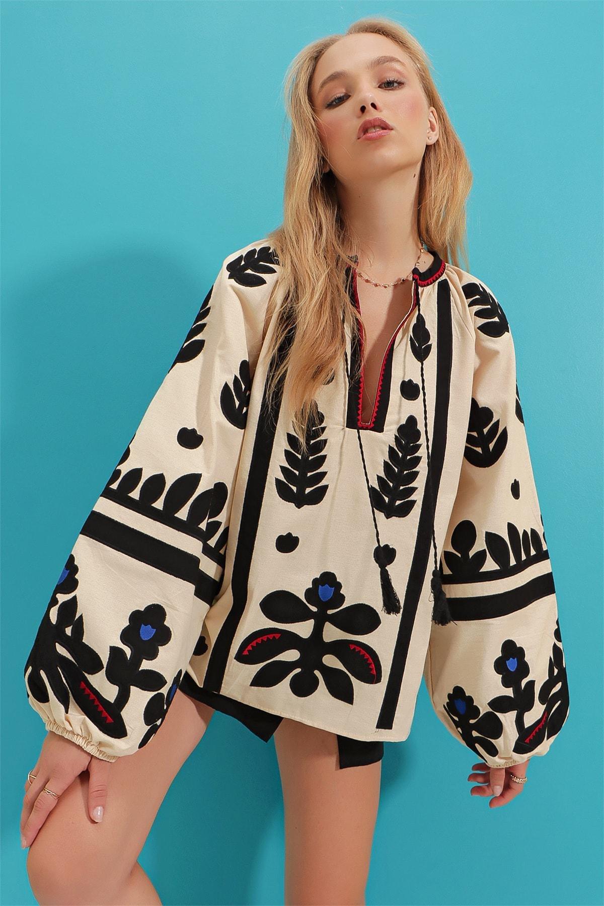Beige Ethnic Print Blouse, , large image number 0