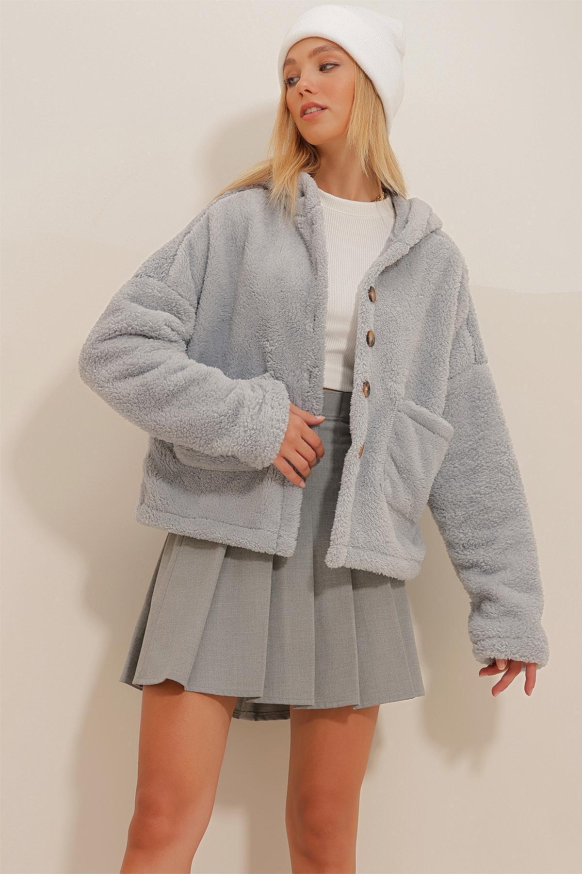 Gray Hooded Double Pocket Plush Coat, C101_1653, large image number 1