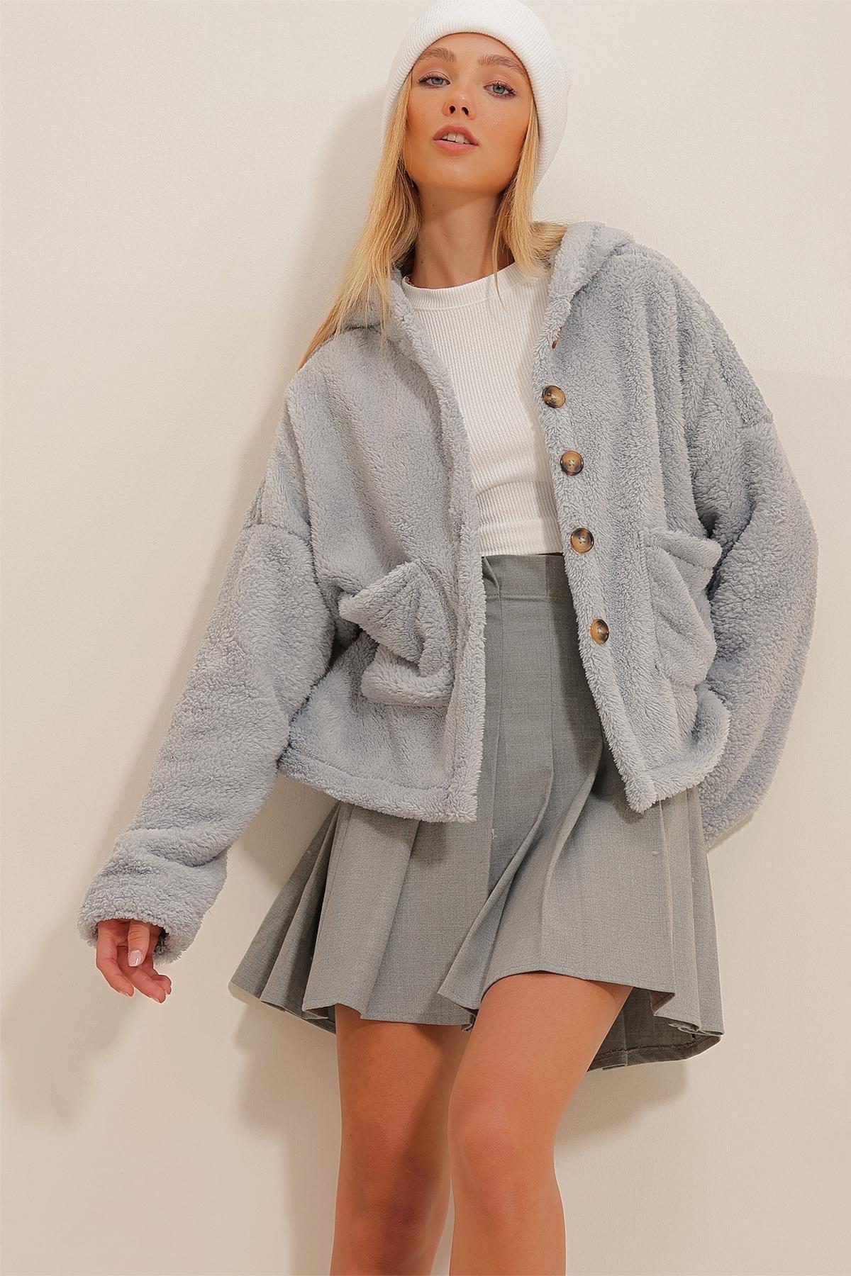 Gray Hooded Double Pocket Plush Coat, C101_1653, large image number 4