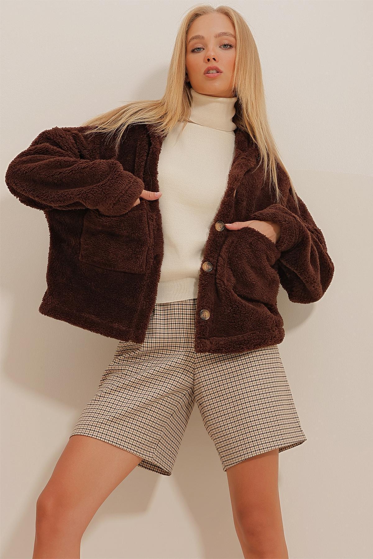 Brown Hooded Double Pocketed Plush Coat, , large image number 2
