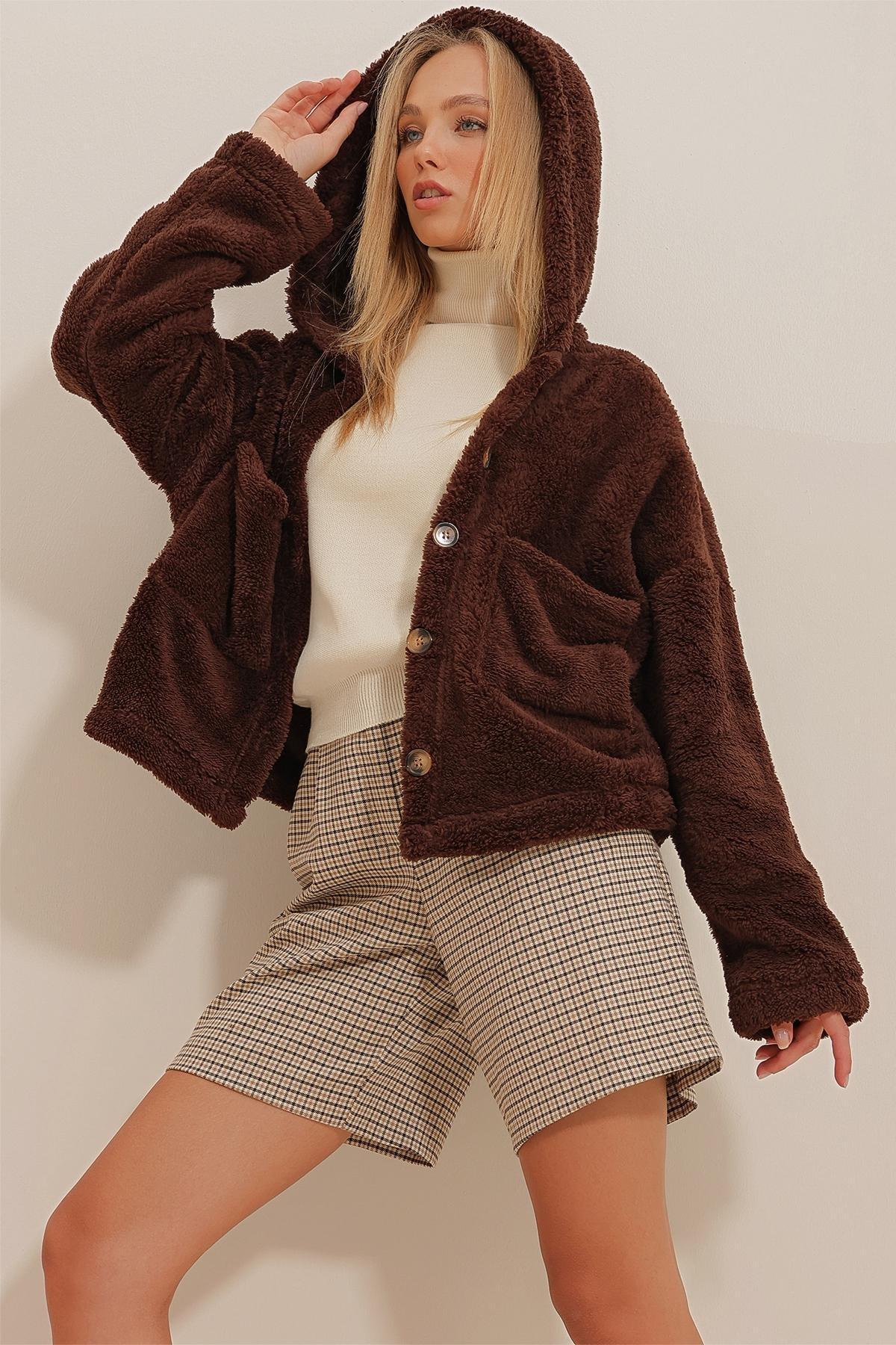 Brown Hooded Double Pocketed Plush Coat, , large image number 4