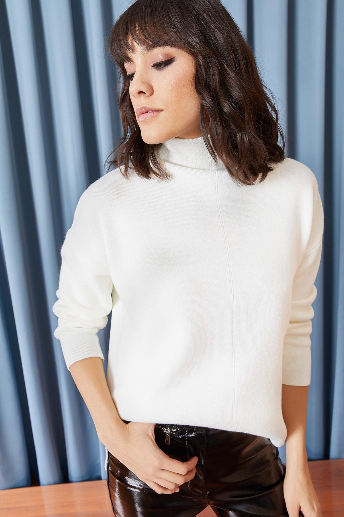 White High Neck Thick Knitwear Sweater, White, large image number 1