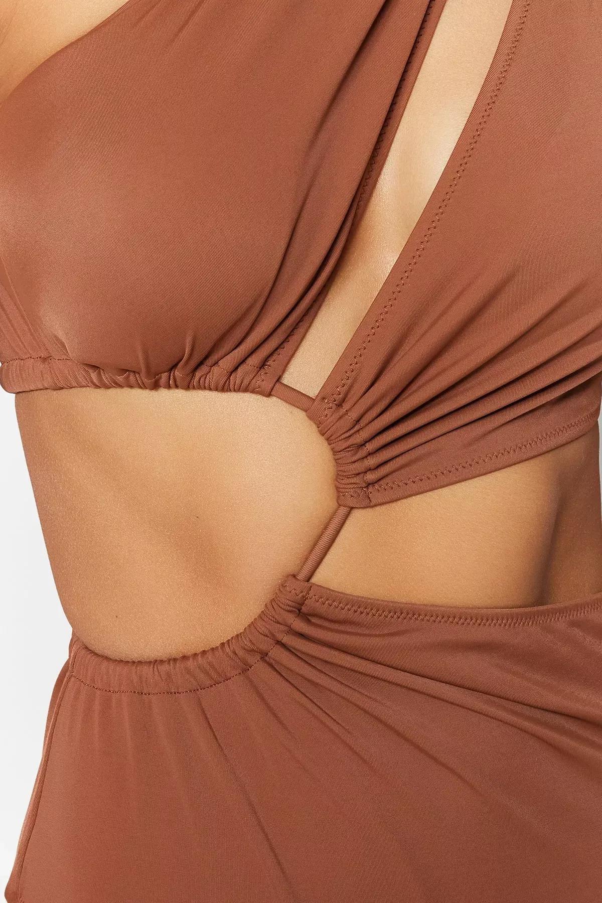 Brown One Strap Swimsuit, Brown, large image number 4