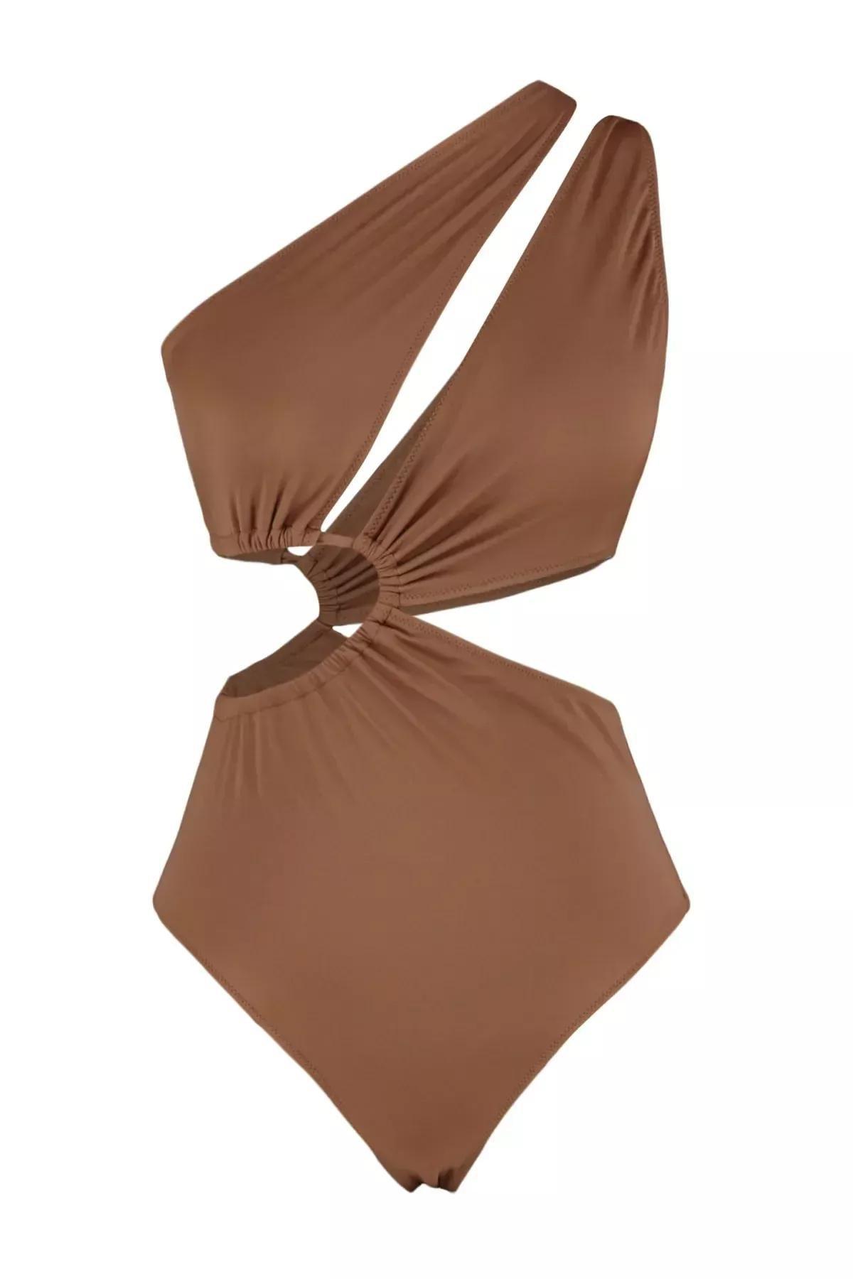 Brown One Strap Swimsuit, Brown, large image number 5