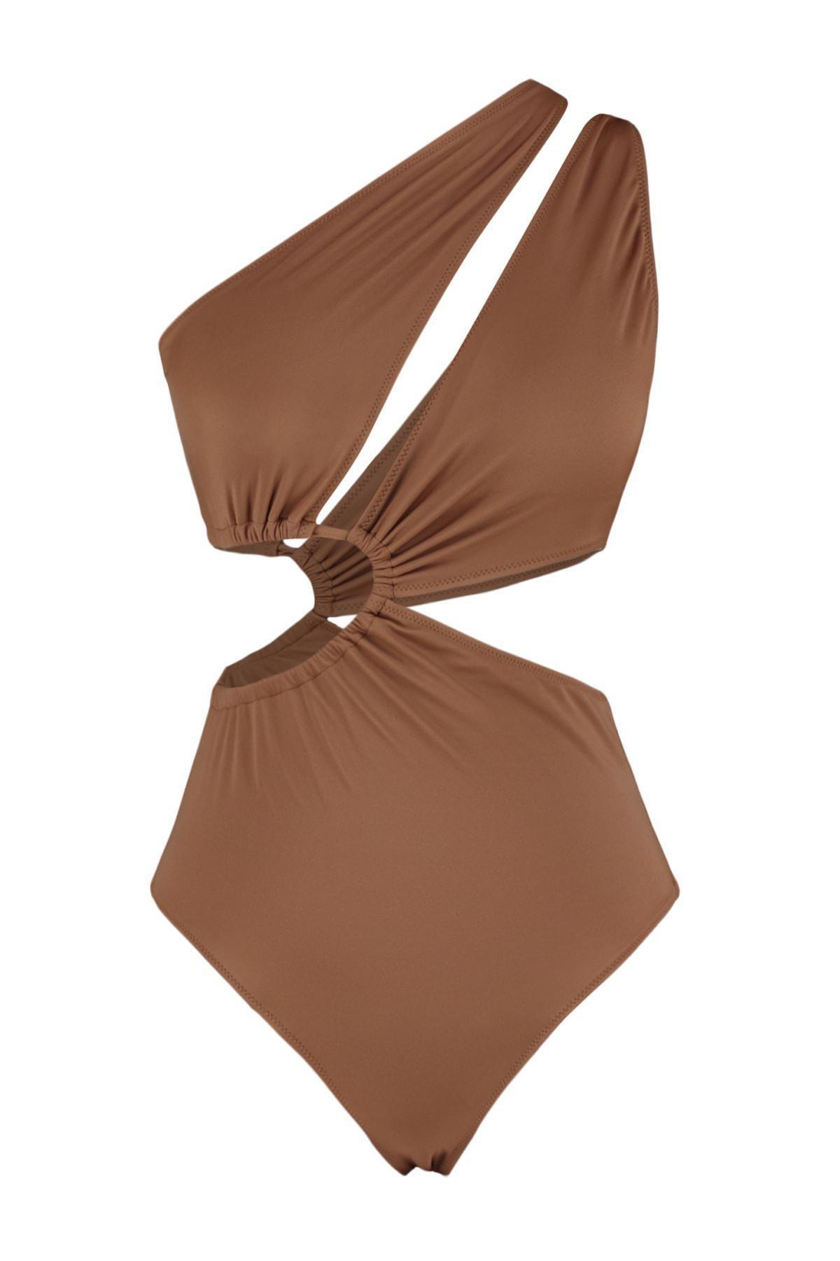 Trendyol - Brown One Strap Swimsuit