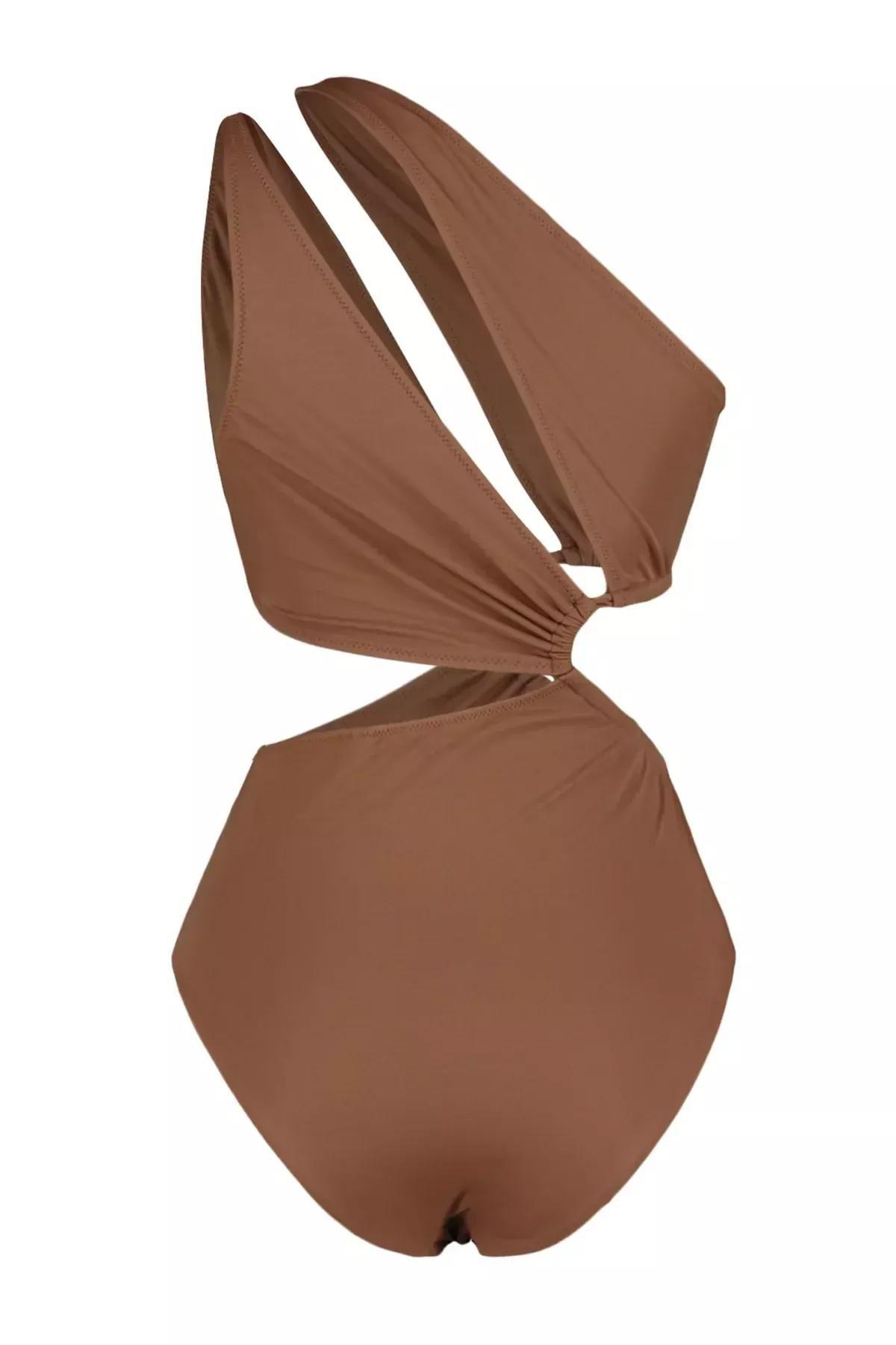 Brown One Strap Swimsuit, Brown, large image number 7