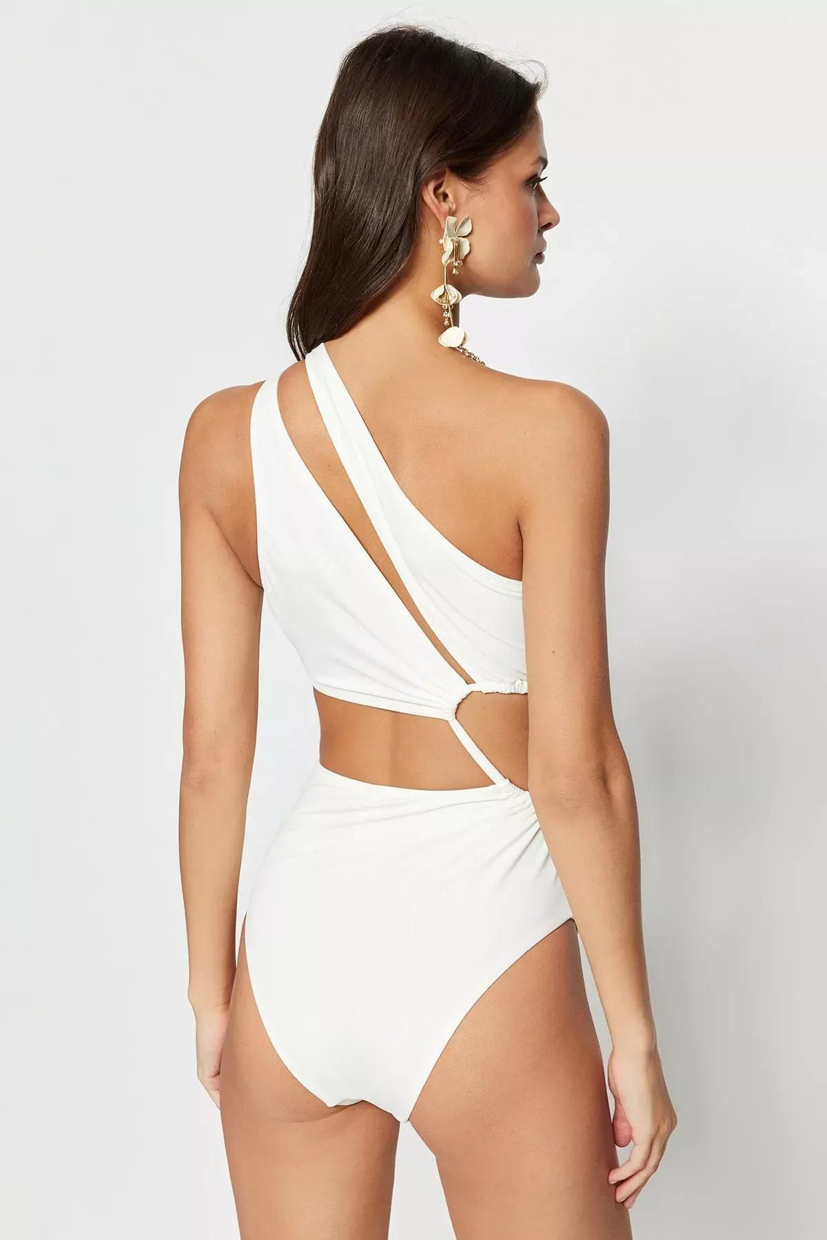 Beige Plain Swimsuit, Ecru, large image number 6