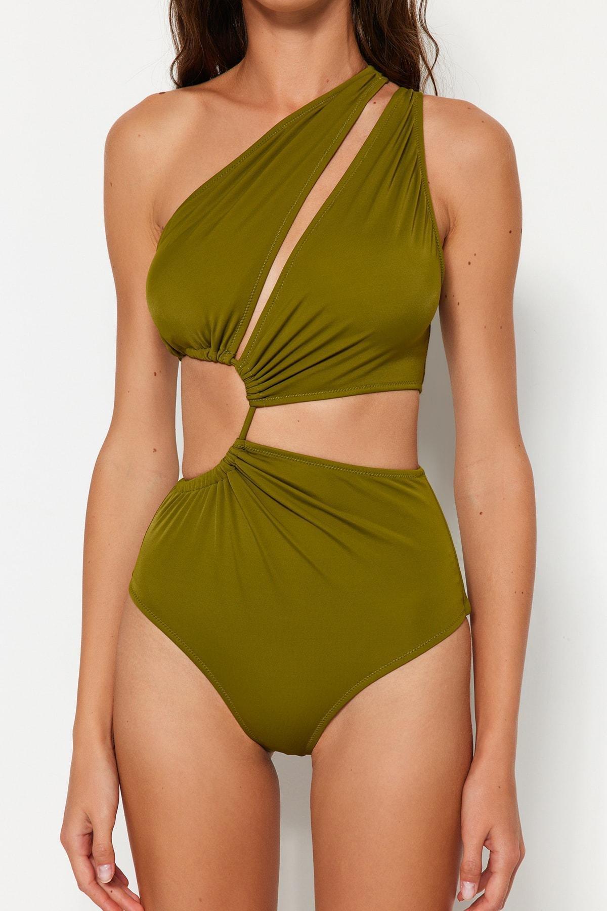Khaki Single Shoulder Swimsuit, , large image number 3