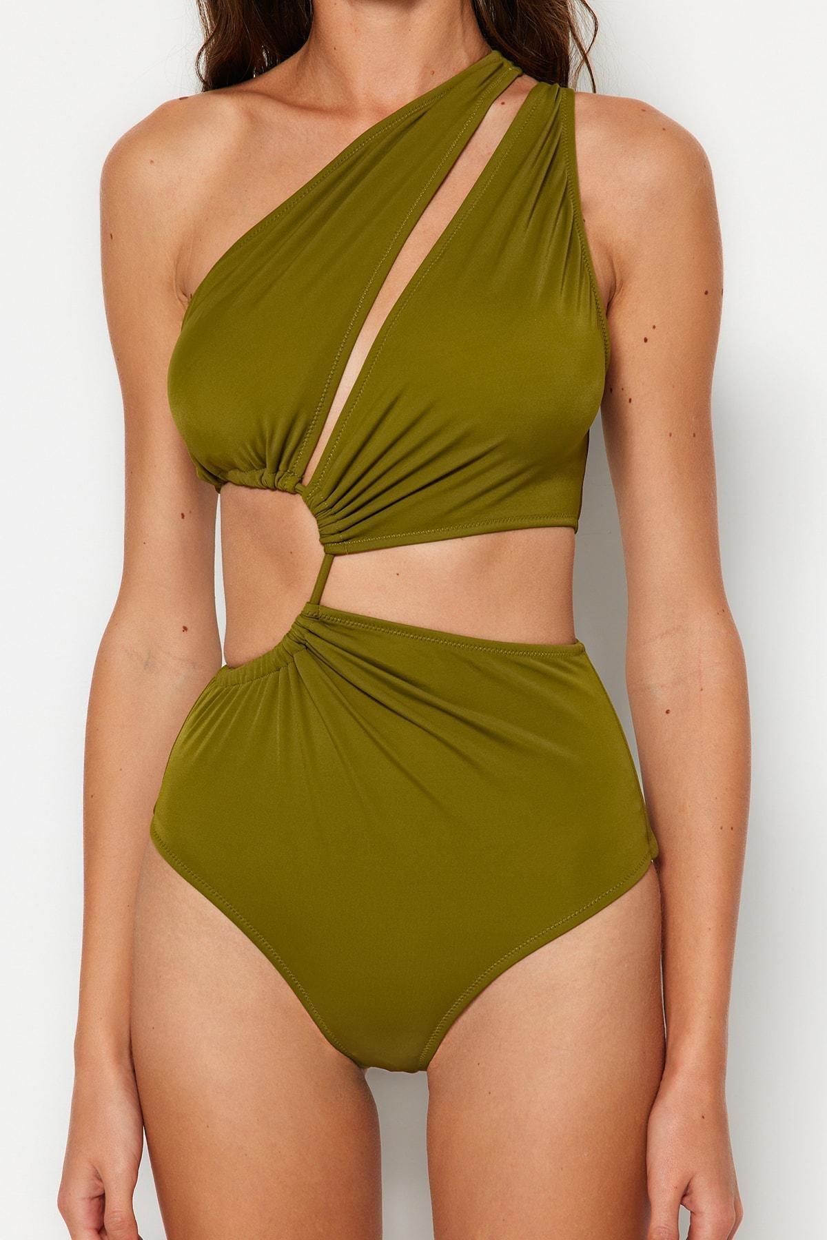 Khaki Single Shoulder Swimsuit, , large image number 4