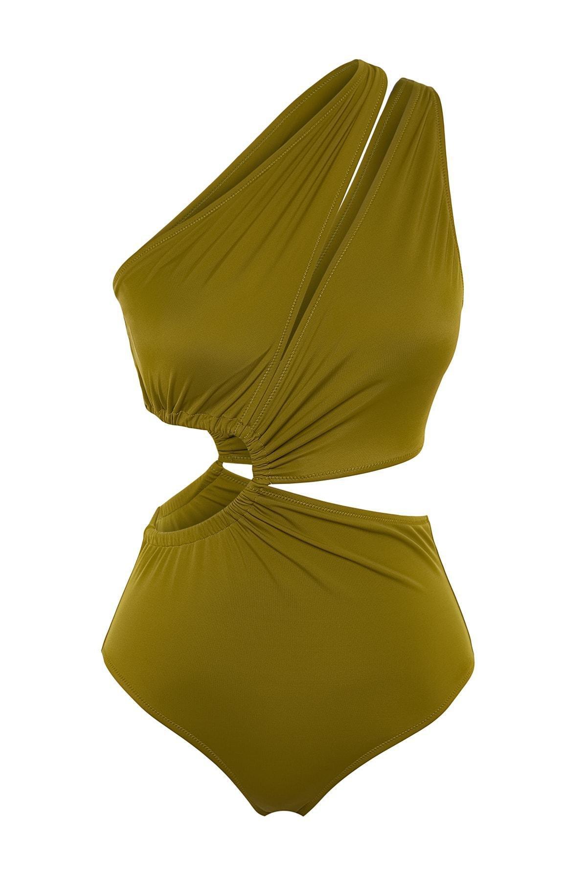 Khaki Single Shoulder Swimsuit, , large image number 5