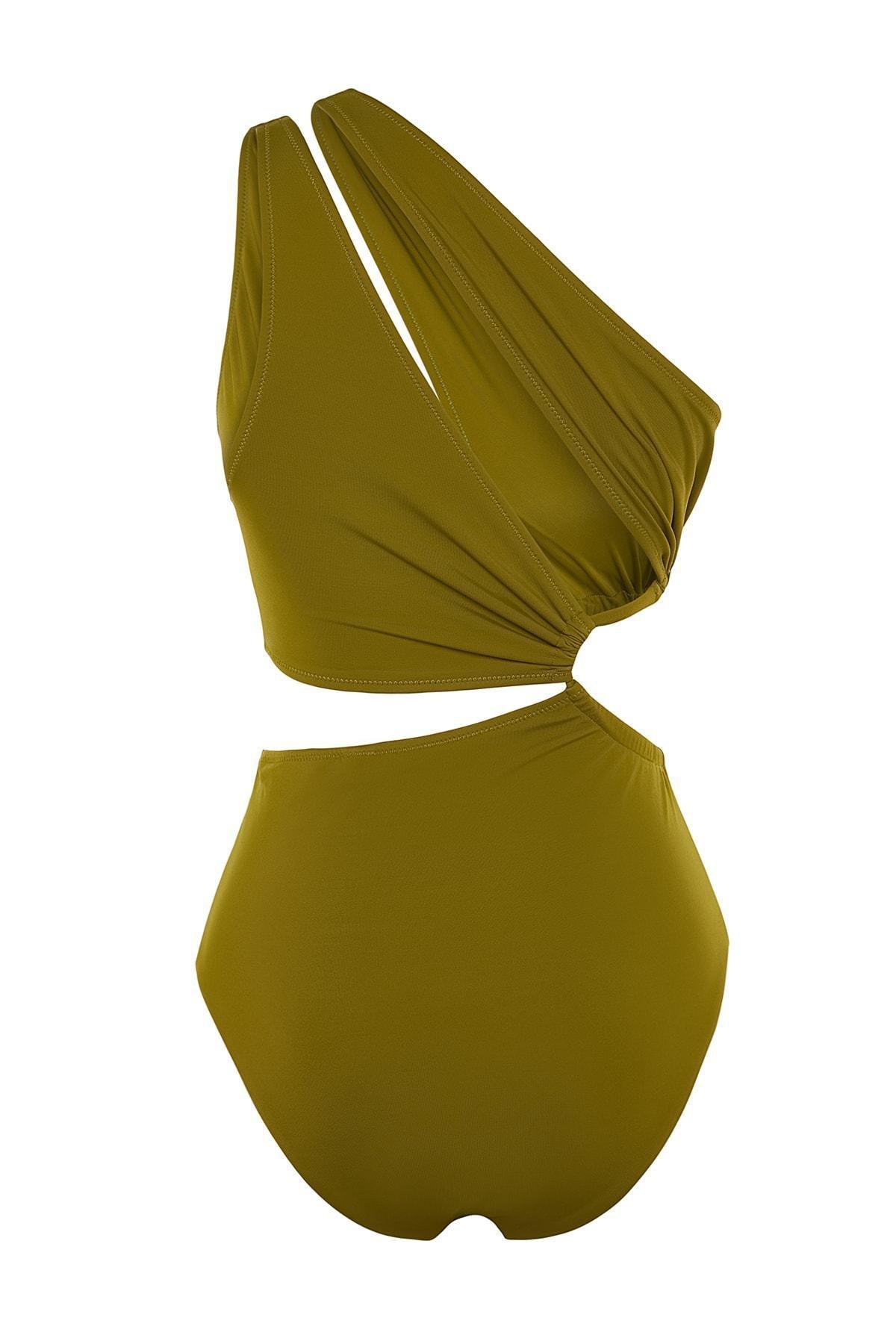 Khaki Single Shoulder Swimsuit, , large image number 7
