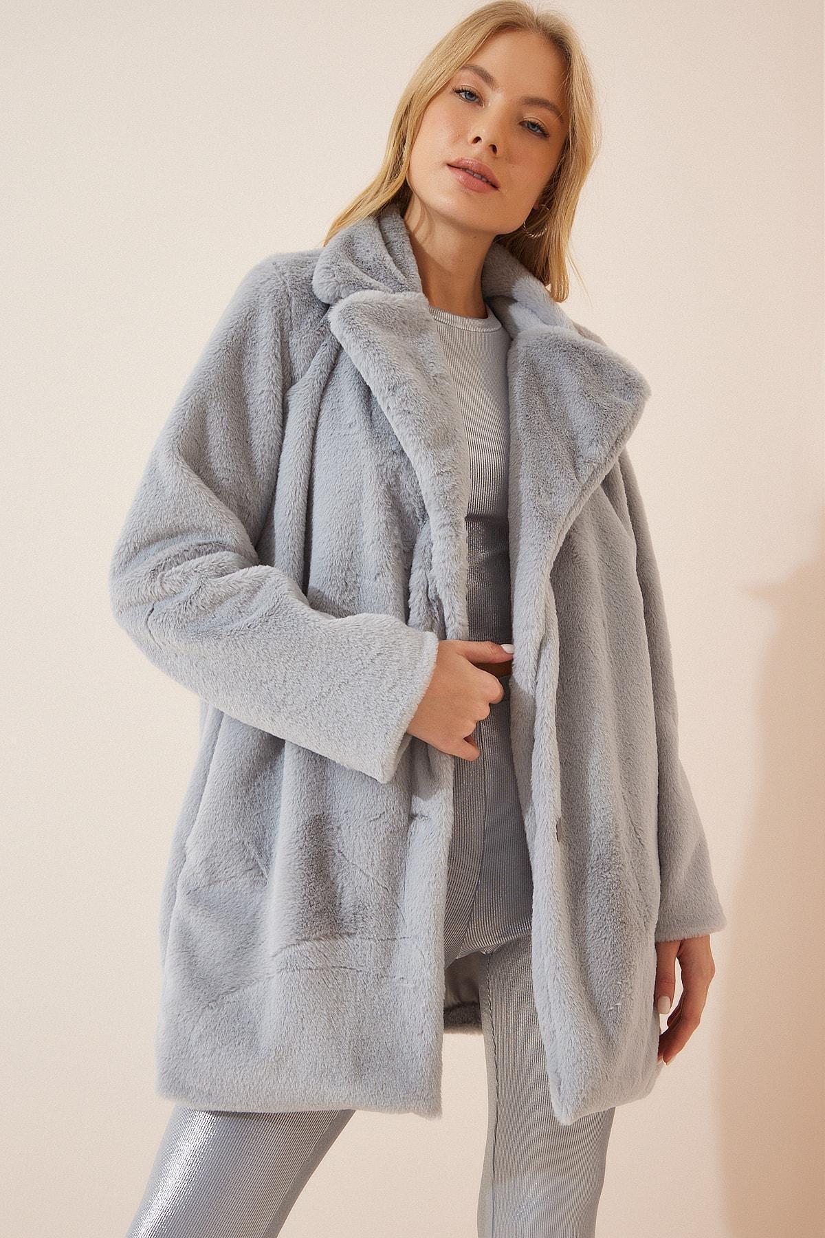 Happiness Istanbul - Gray Faux Fur Coat