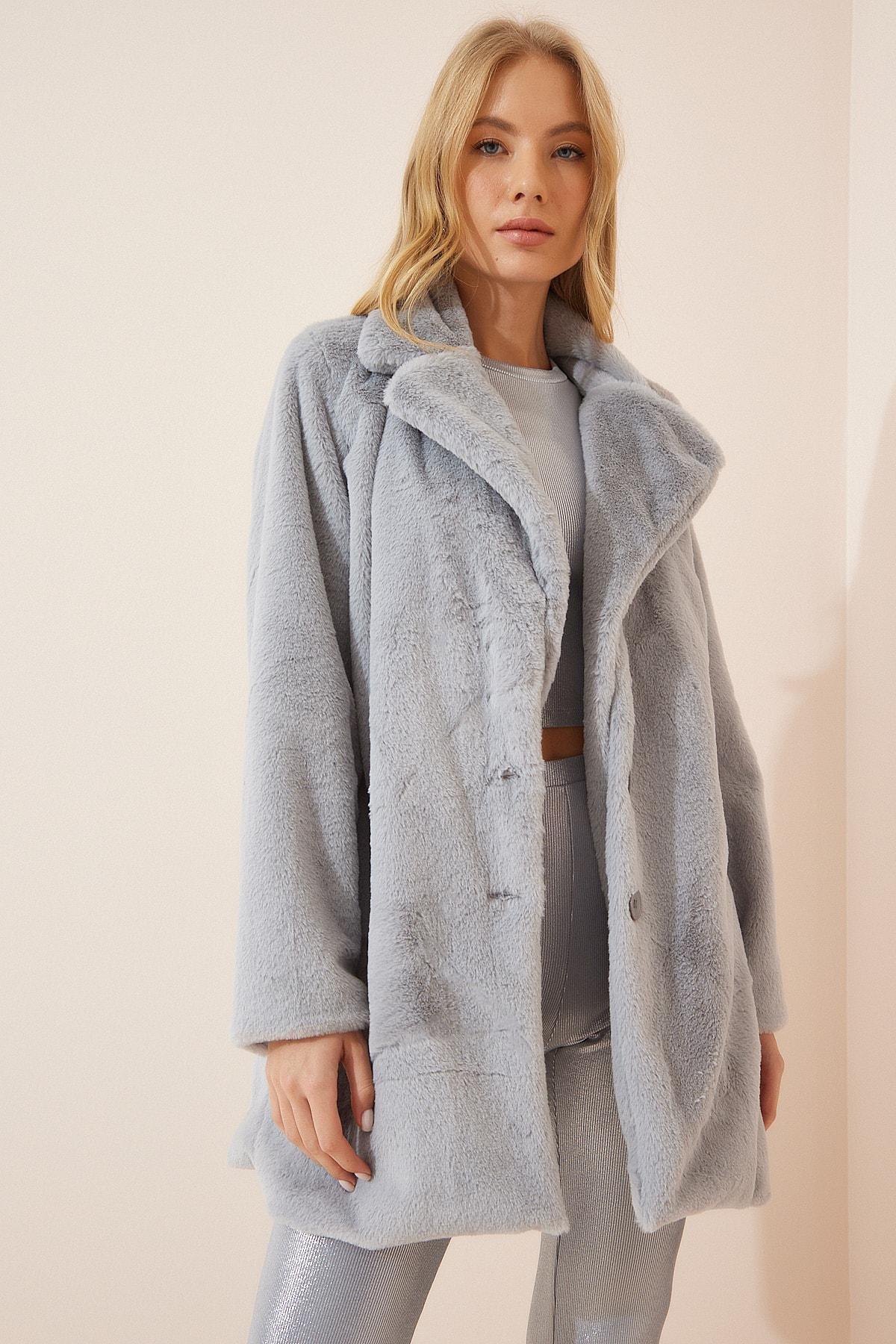 Happiness Istanbul - Gray Faux Fur Coat