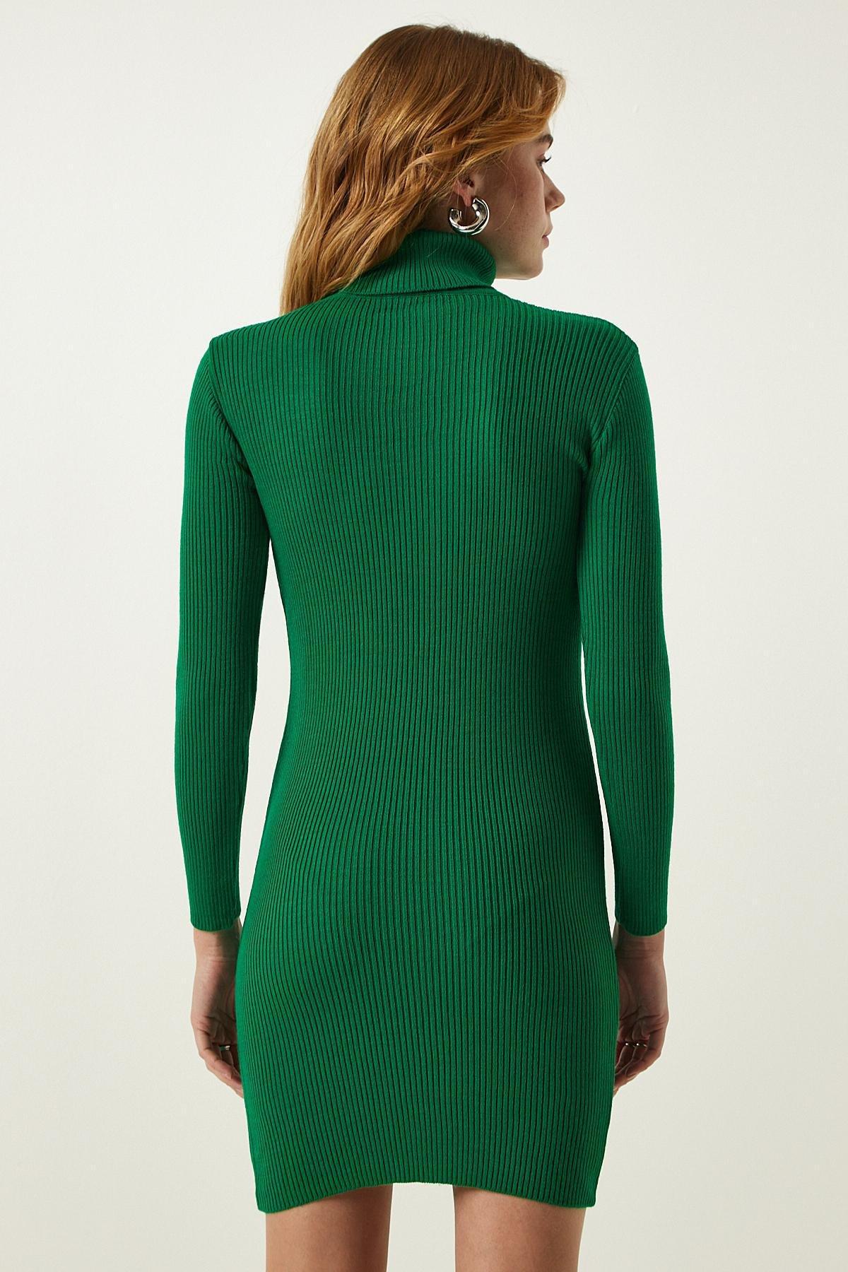 Green Turtleneck Knitwear Dress, Green, large image number 3