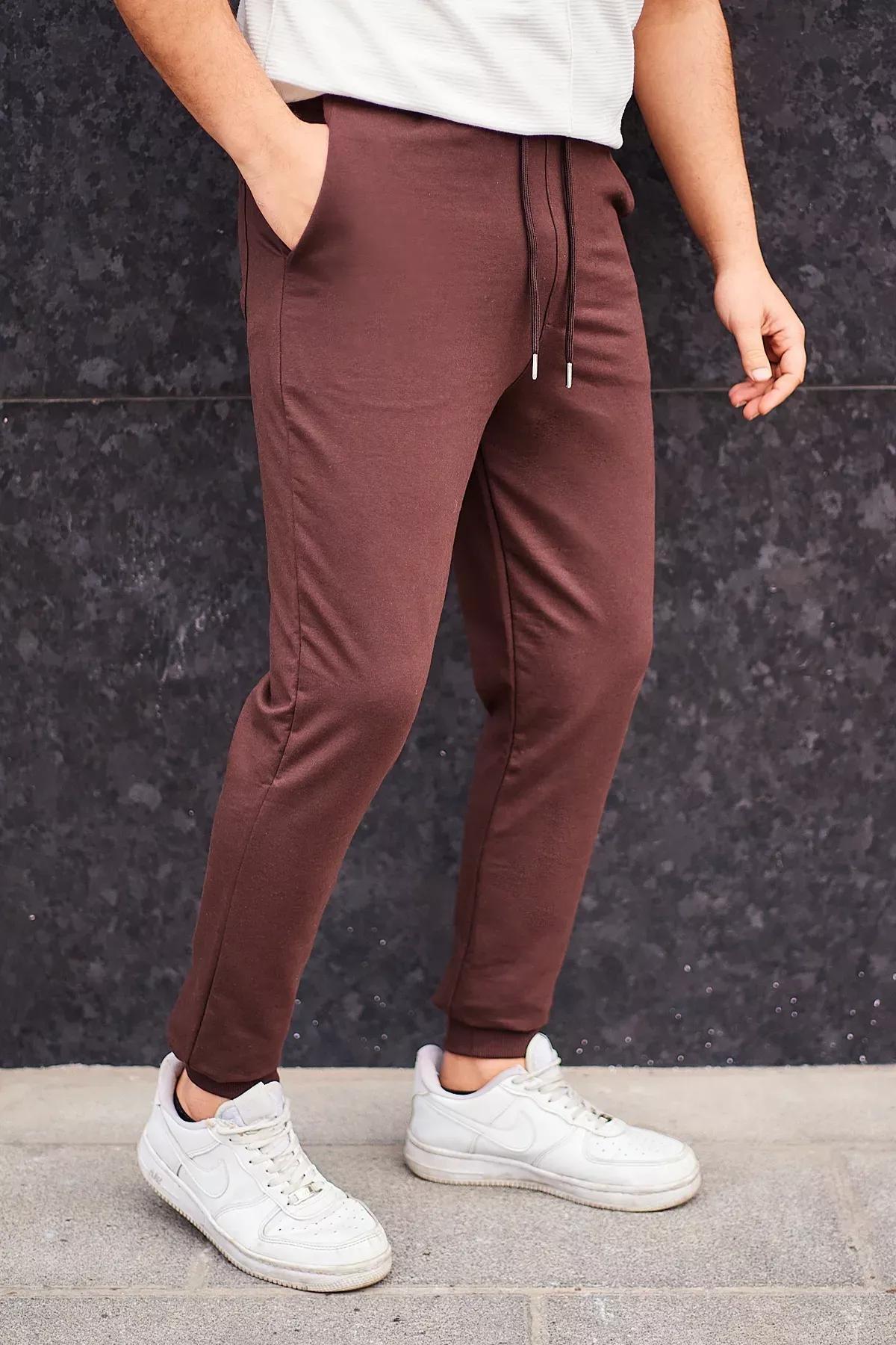 Brown Mid Waist Joggers Sweatpants, Brown, medium